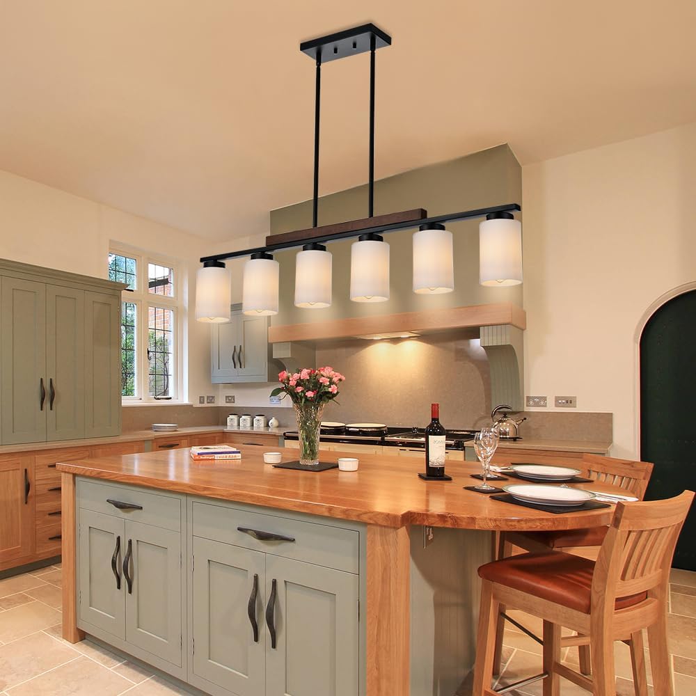 6-Lights Farmhouse Chandelier with Opal Glass and Wood Frame