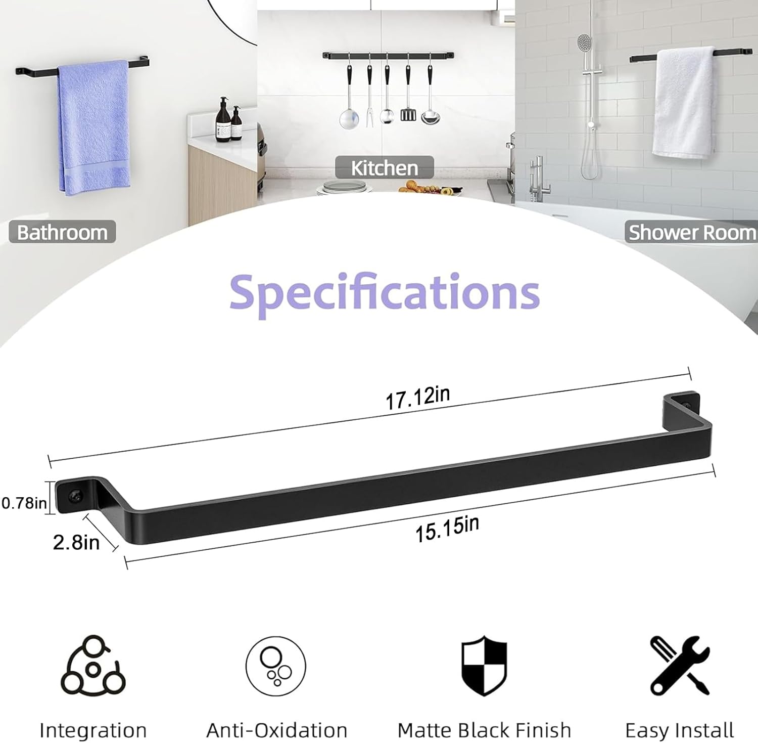 VOTZAAQ 16 Black One-Piece Towel Bar No Assembly