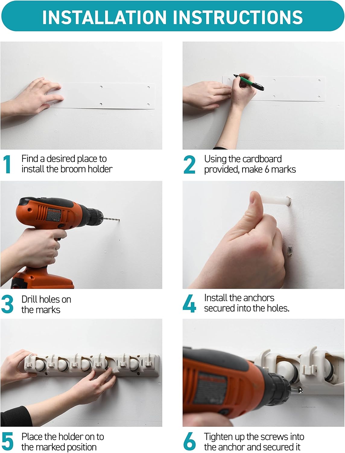 Home-it 5-Position Mop Broom Wall Mount Holder