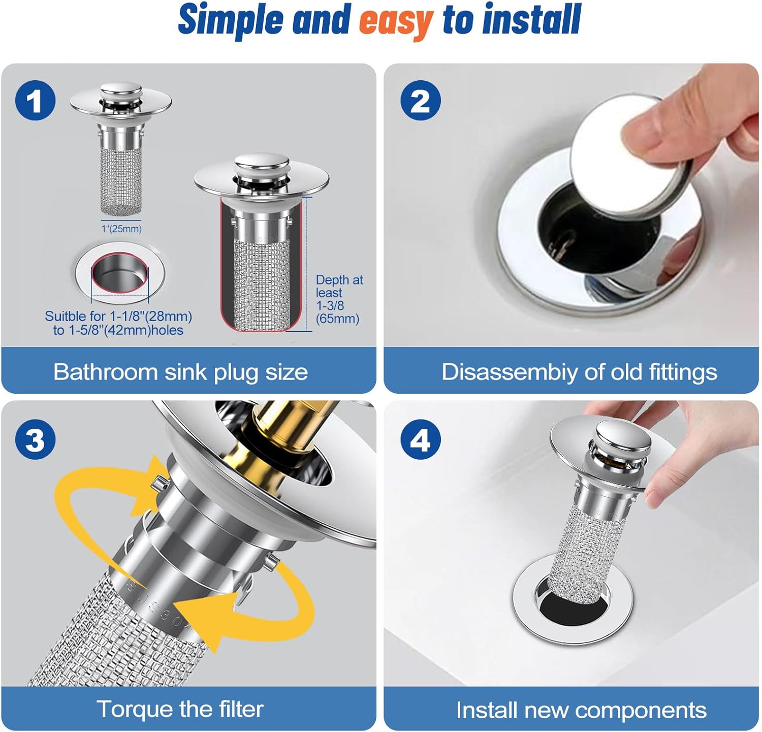 2PC Bathroom Sink Stopper Hair Catcher with Pop Up Mechanism