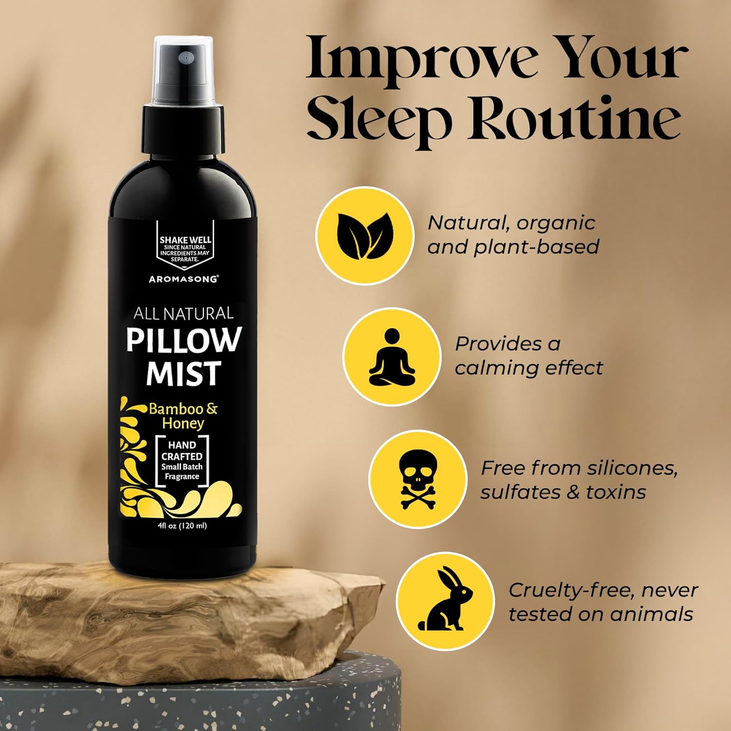 Aromasong Bamboo Honey Pillow Mist - Natural Sleep Spray for Deep Restful Slumber