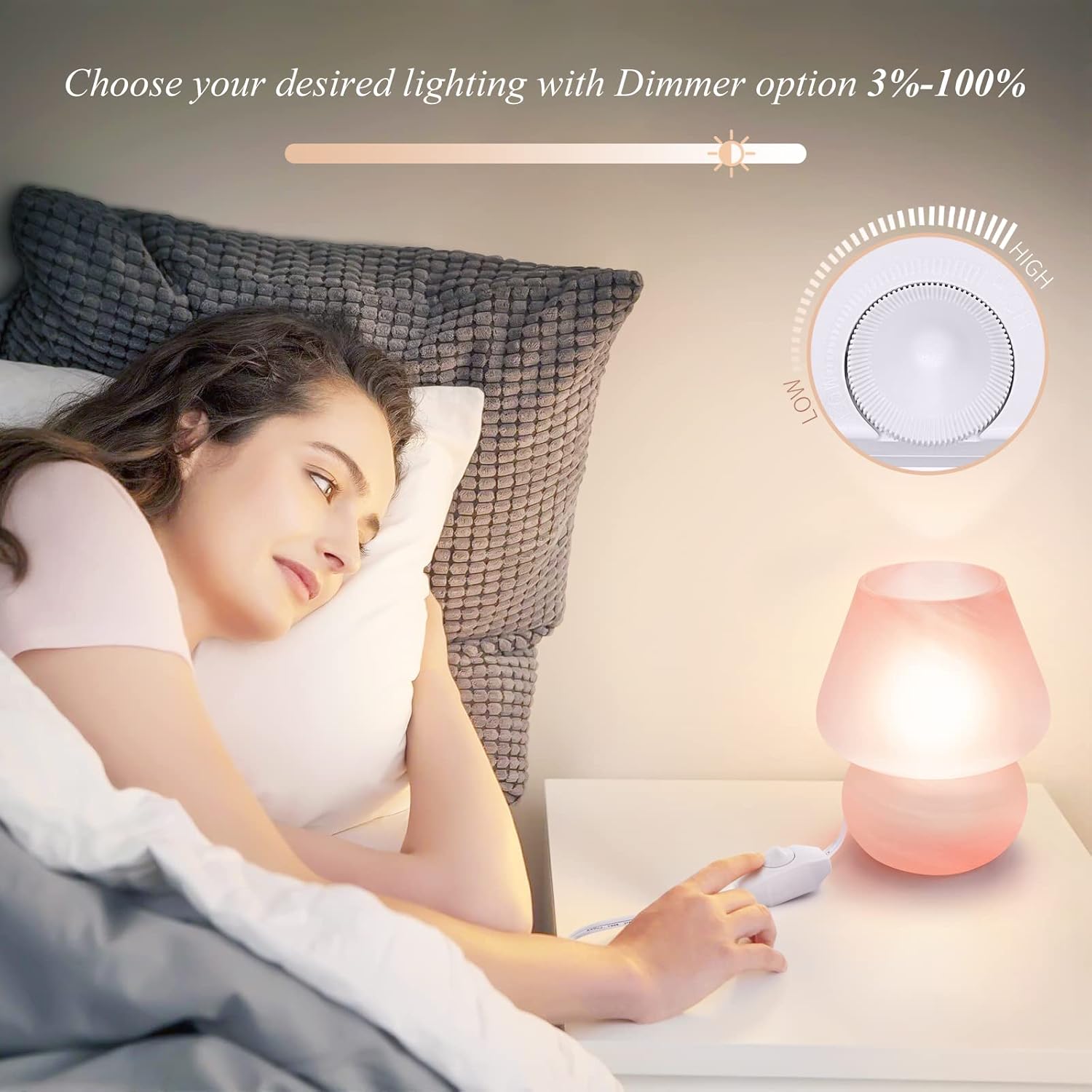 ONEWISH Mushroom Lamp Pink Table Lamp for Bedroom Nightstand
