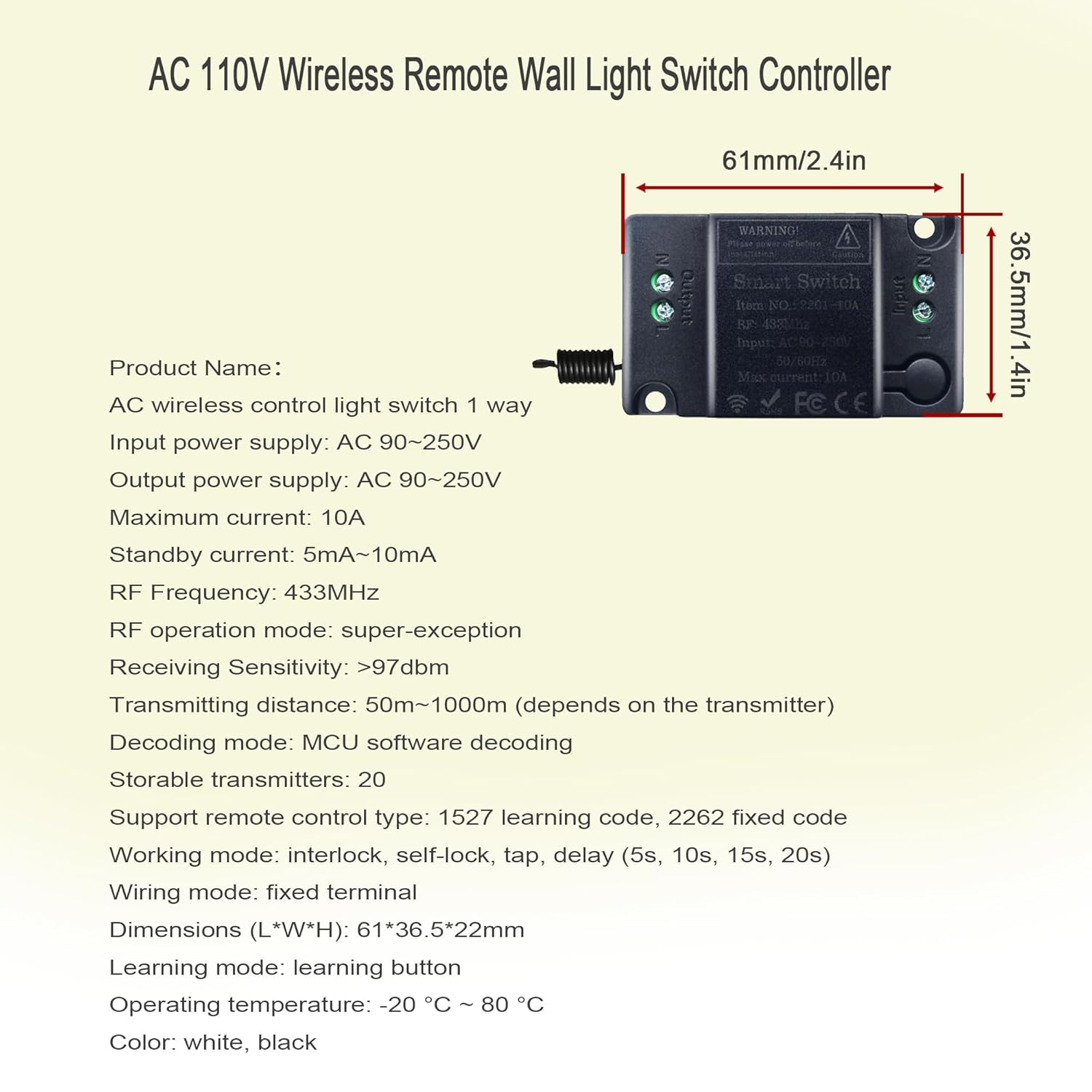 Wireless Remote Light Switch 1 Channel 10A 110V