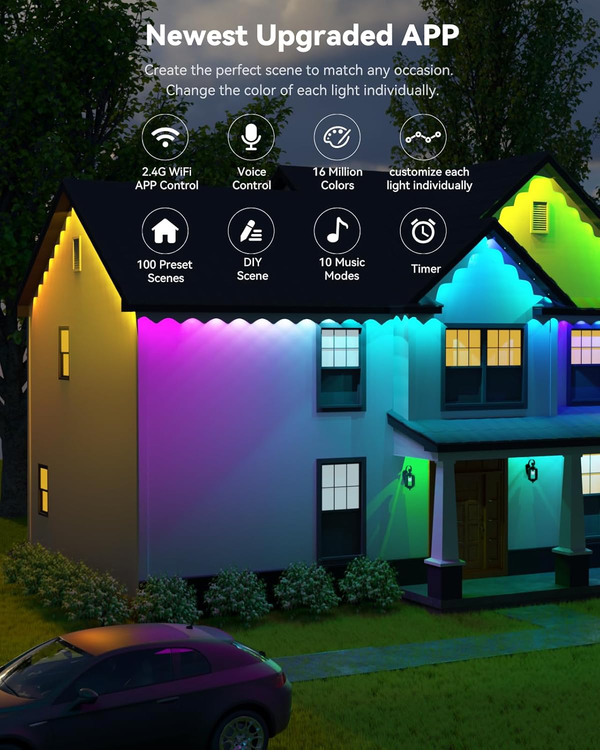 ASAHOM 100ft RGBCW LED Eave Light String - 3600lm IP67 Weatherproof