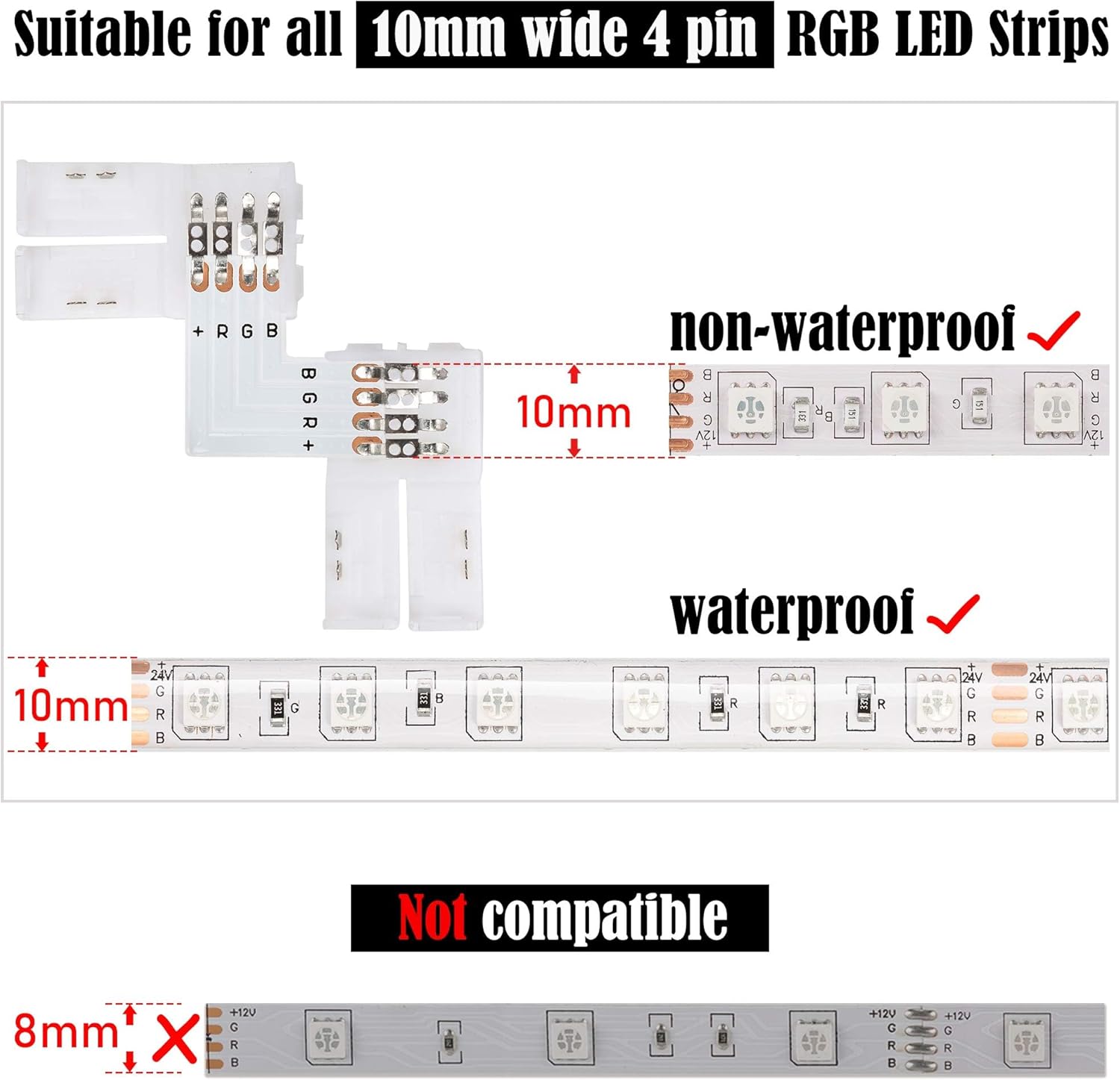 JACKYLED 20Packs L Shape 4-Pin LED Connectors with Clips 10mm