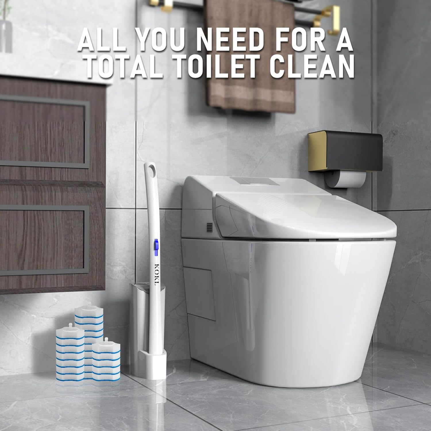 KOKL Disposable Toilet Brush with 40PCS Refills and Storage Caddy