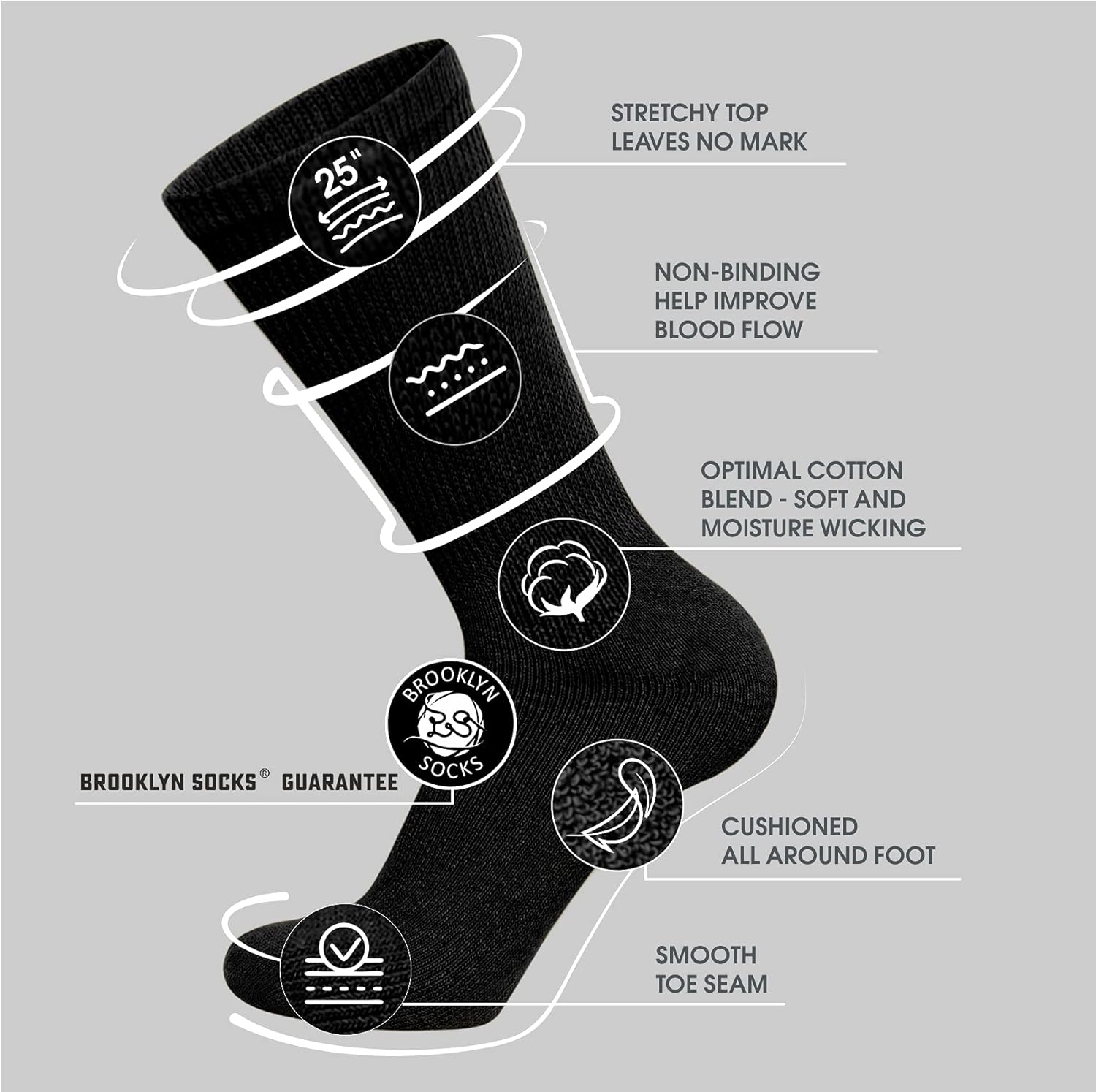 Big and Tall Mens Diabetic Socks - 6 Pairs Black Gray White