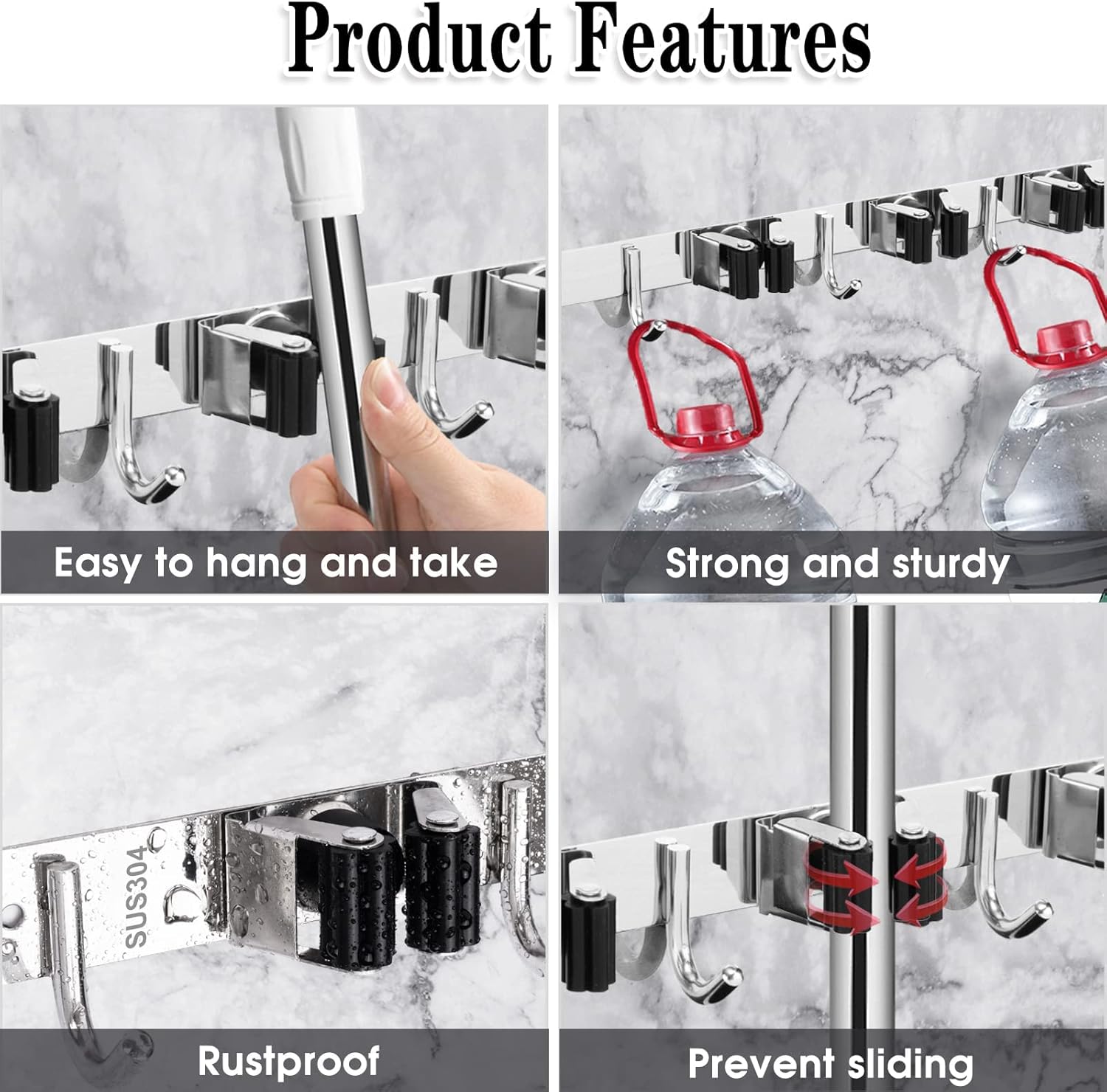 AceMining 5 Racks 4 Hooks Wall Mop Broom Holder