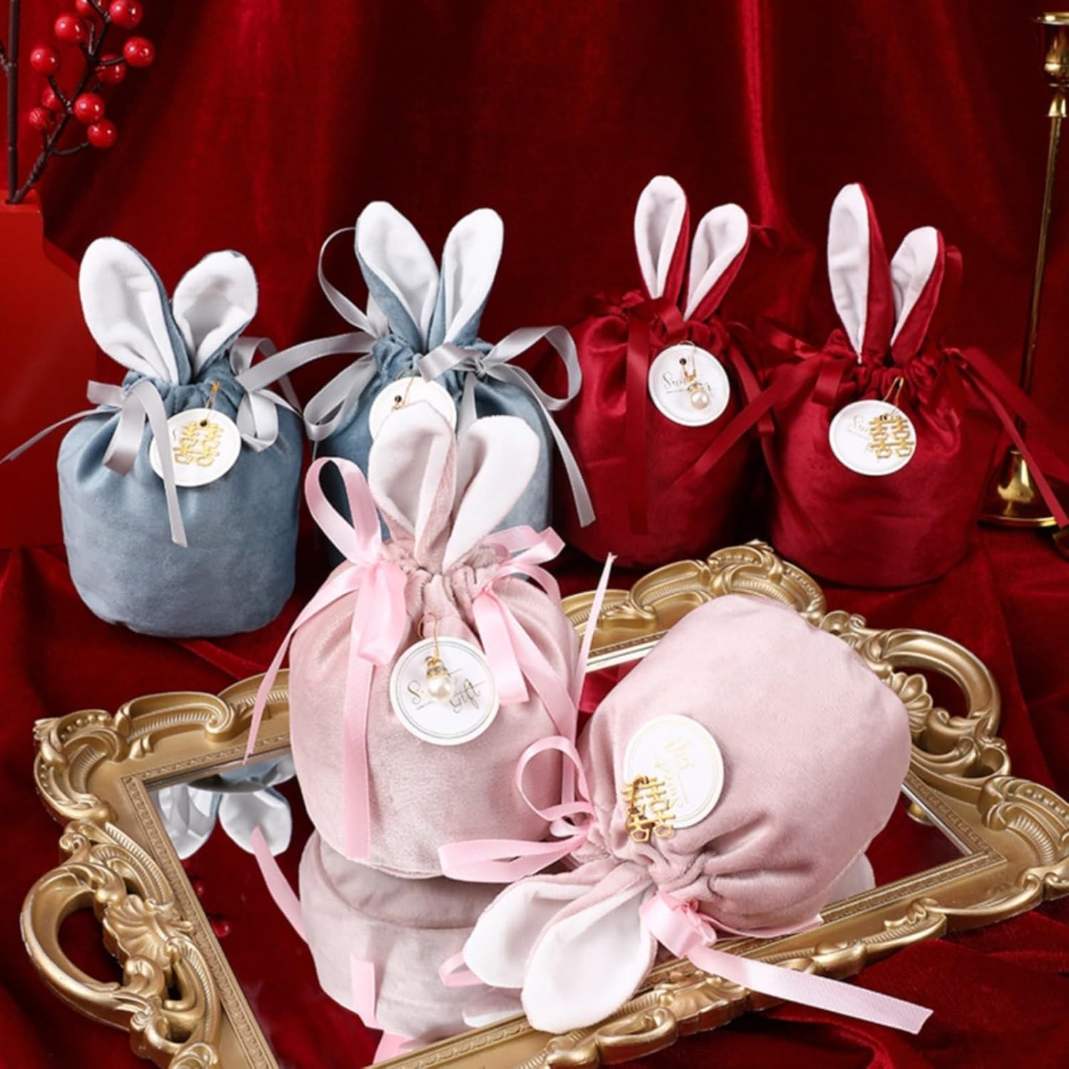 Easter Bunny Gift Velvet Bags with Drawstrings