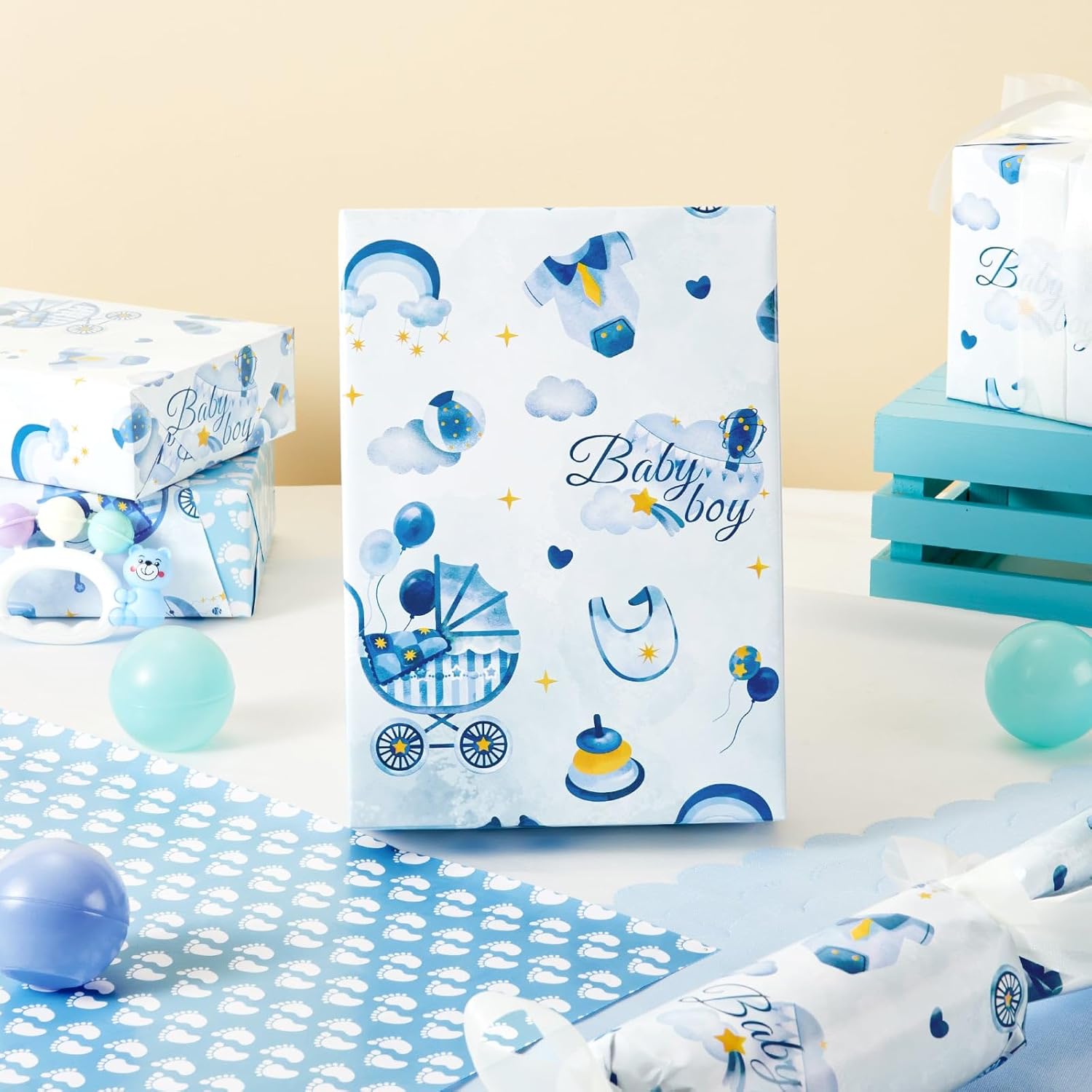 WERNNSAI Baby Boy Wrapping Paper Roll - 17x33ft Blue Elephant Design 1