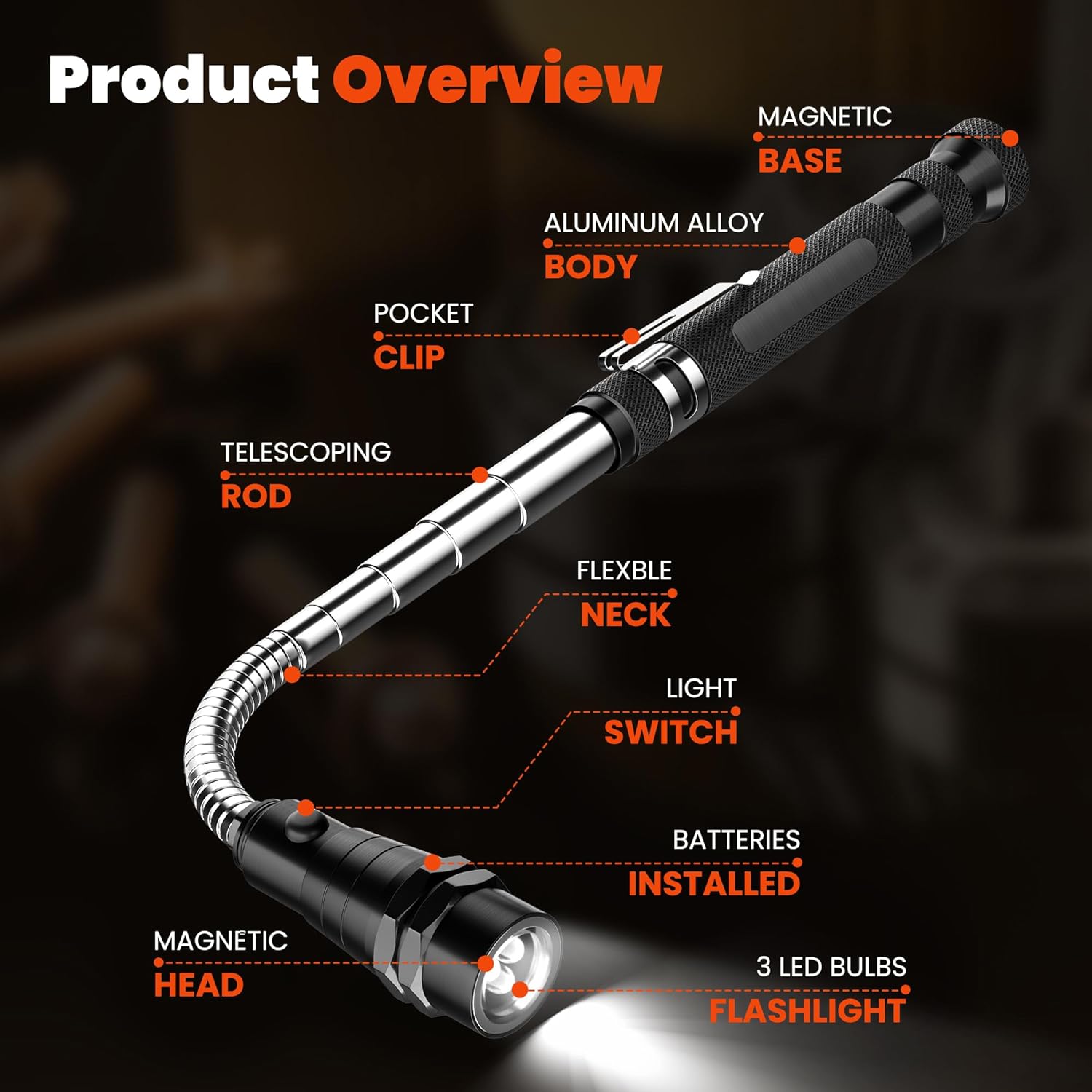 LED Magnetic Pickup Tool with Telescoping Handle and 360 Light