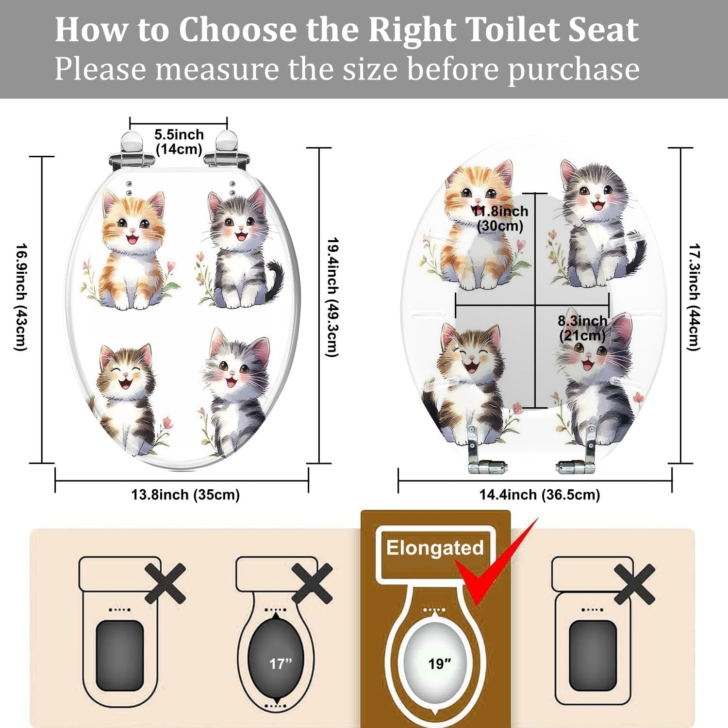 Elongated Toilet Seat with Cute Cat Watercolor Design