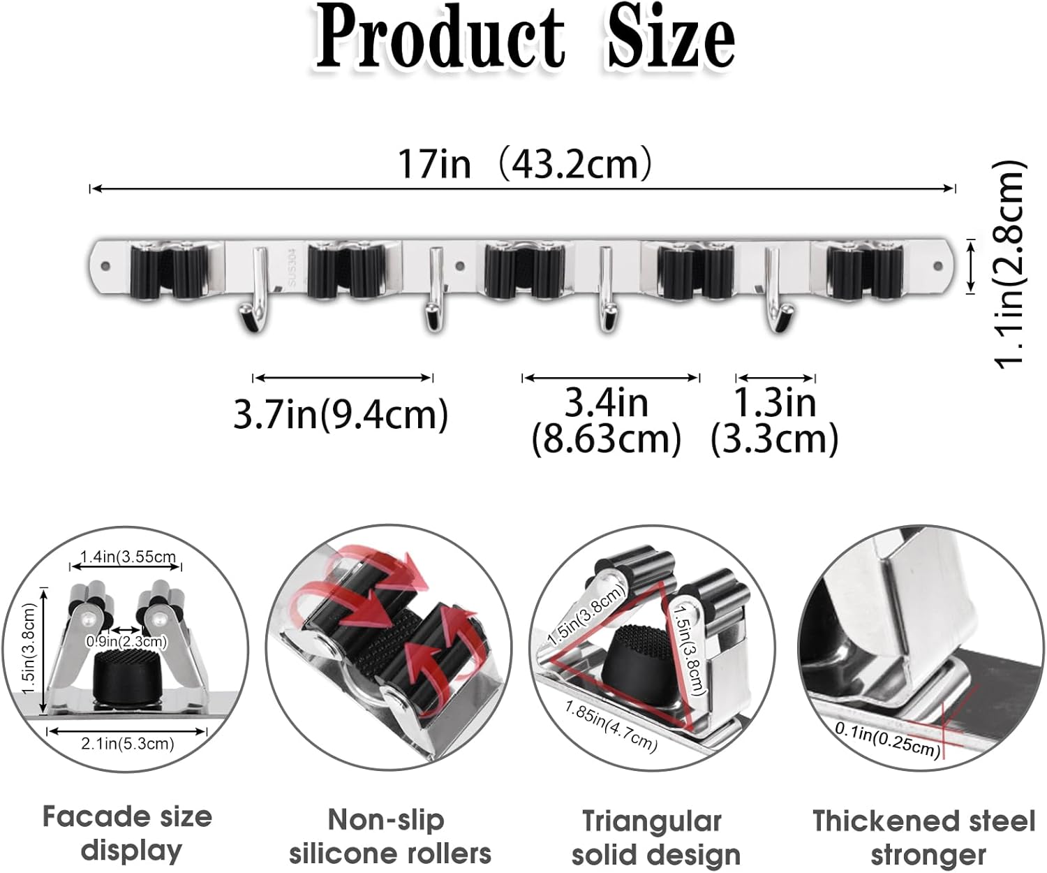 AceMining 5 Racks 4 Hooks Wall Mop Broom Holder