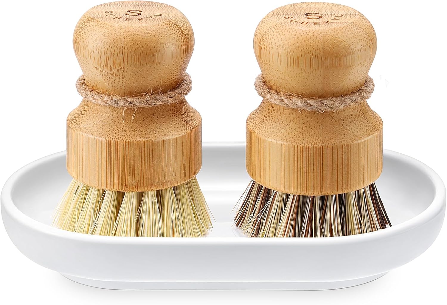 SUBEKYU Bamboo Dish Scrub Brush Set with Tray 2 Pieces