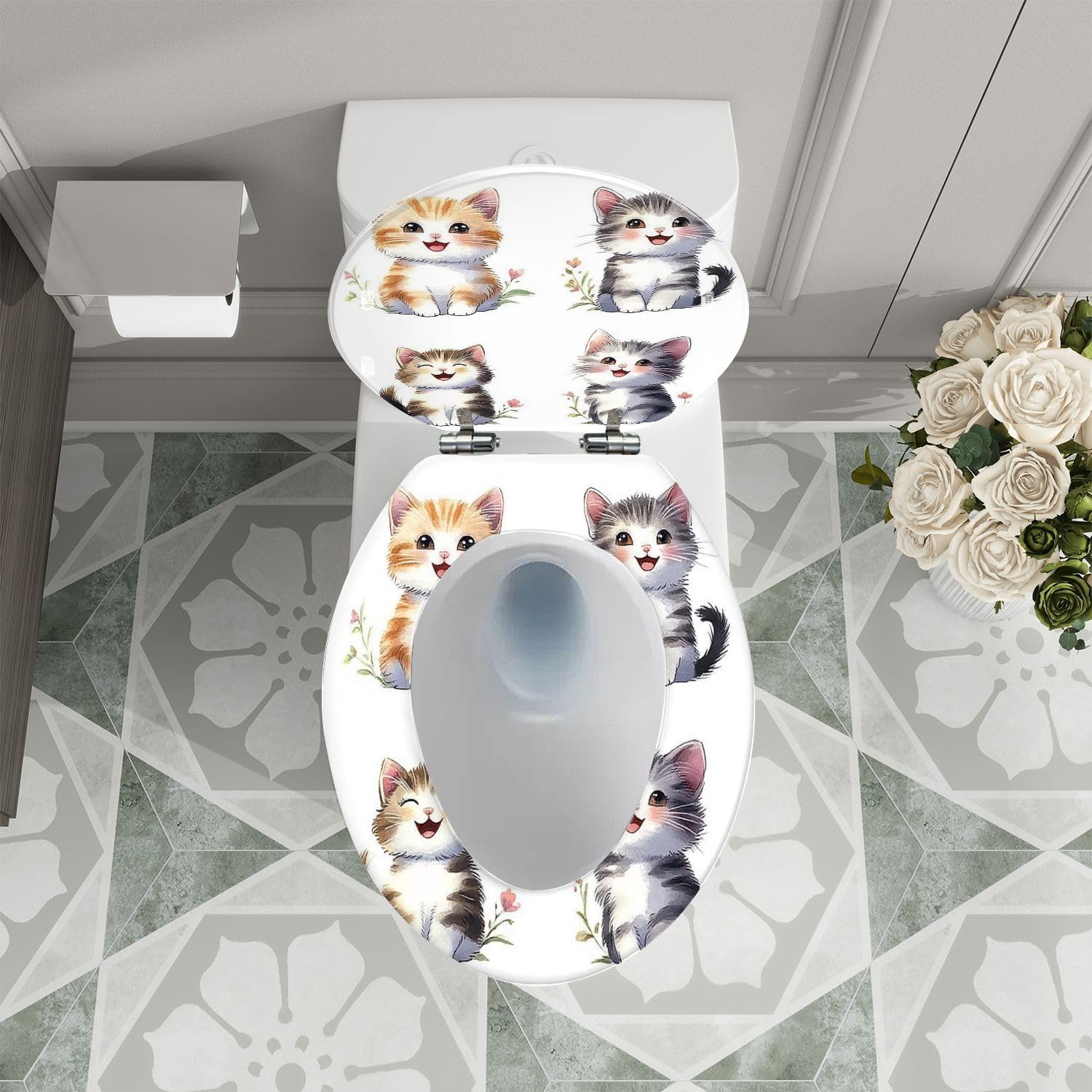 Elongated Toilet Seat with Cute Cat Watercolor Design