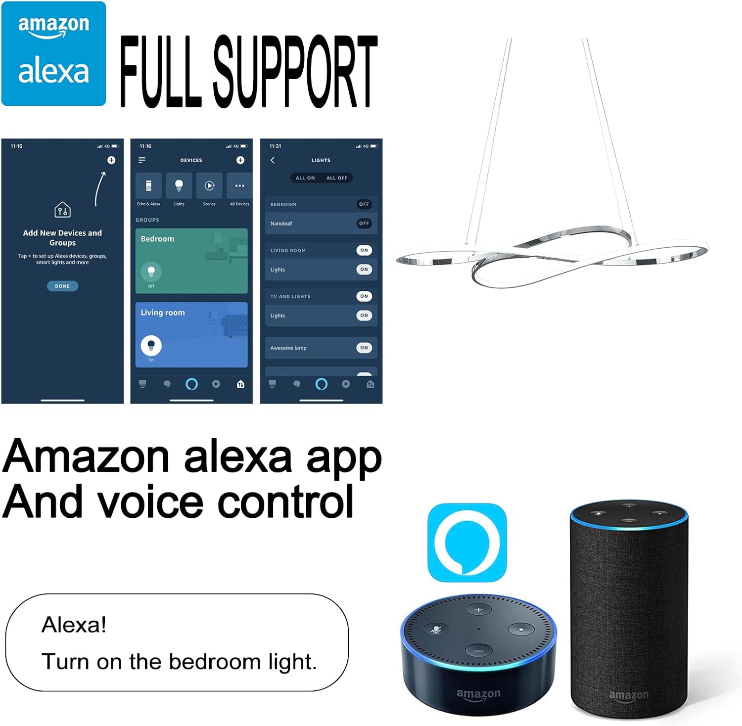 Modern LED Chandelier with Alexa Voice Control Chrome Design 39 Inch