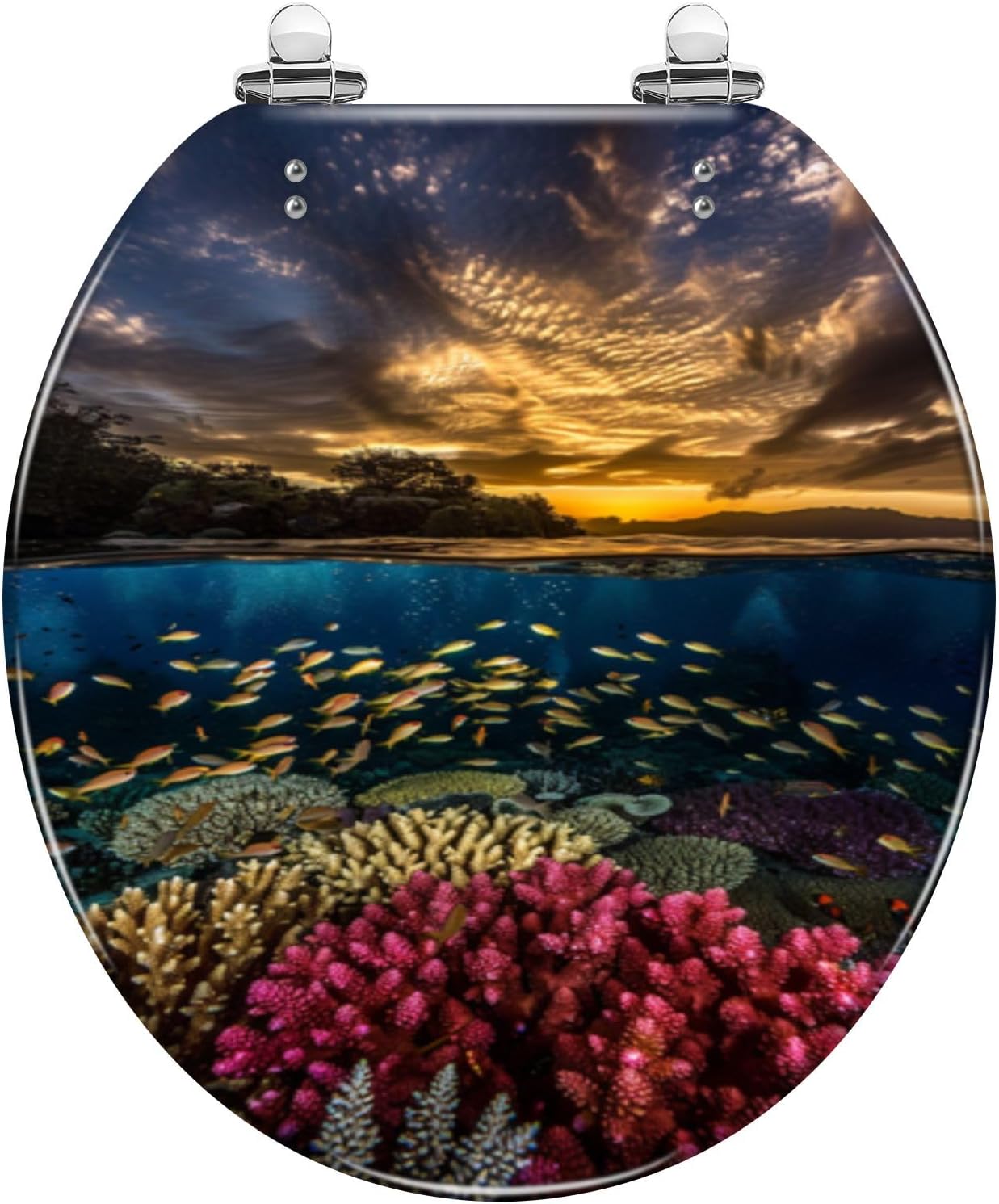 TRANQDEHOM Round Resin Toilet Seat with Golden Sunset Design