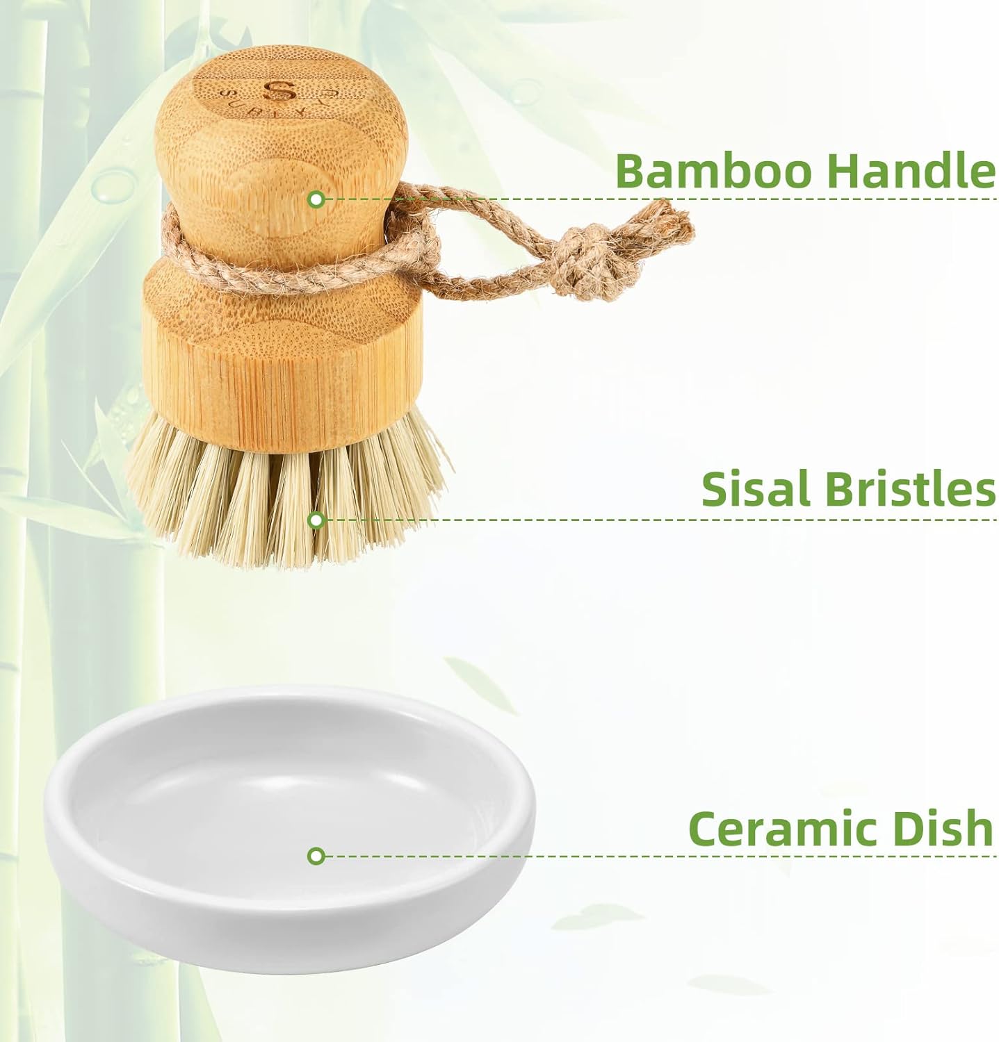 SUBEKYU Bamboo Dish Scrub Set of 2 with Sisal Bristles
