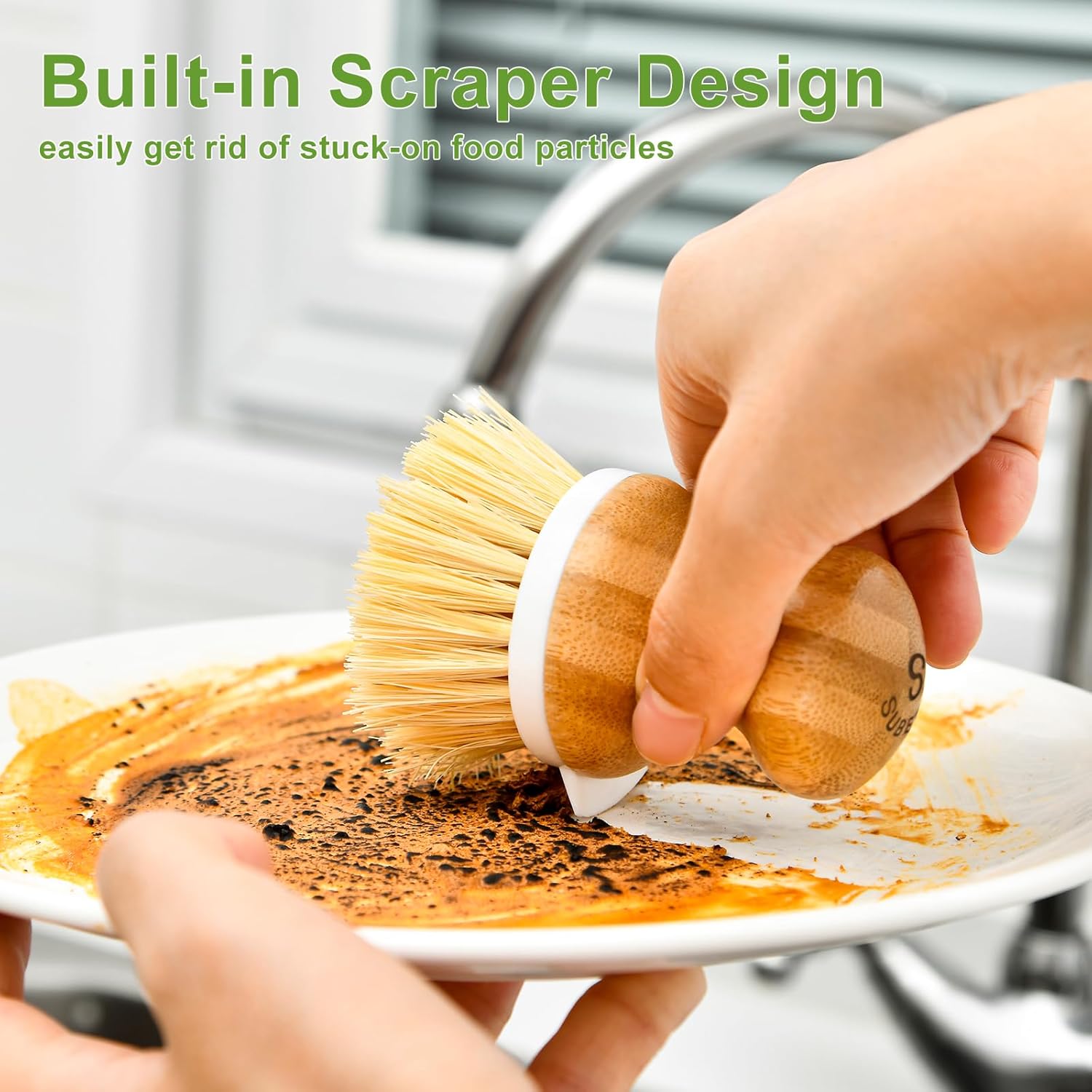 SUBEKYU Bamboo Dish Brush with Soap Dispenser and Built-in Scraper