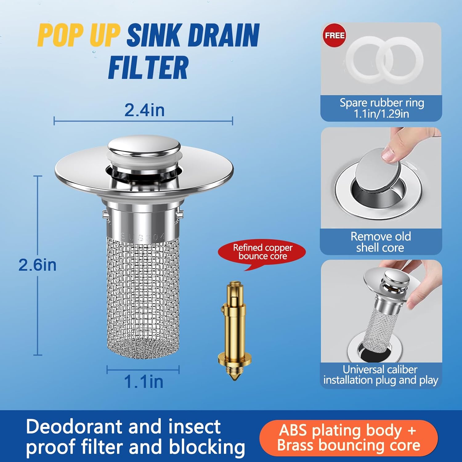 2PC Bathroom Sink Stopper Hair Catcher with Pop Up Mechanism