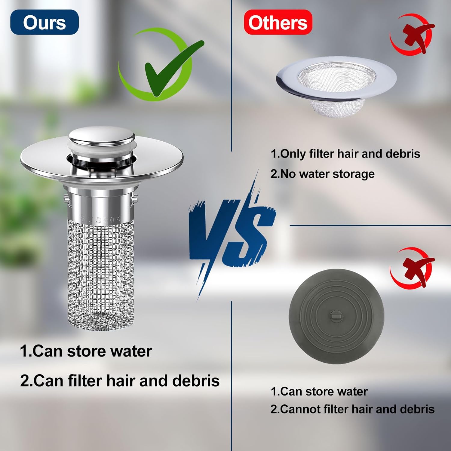 2PC Bathroom Sink Stopper Hair Catcher with Pop Up Mechanism