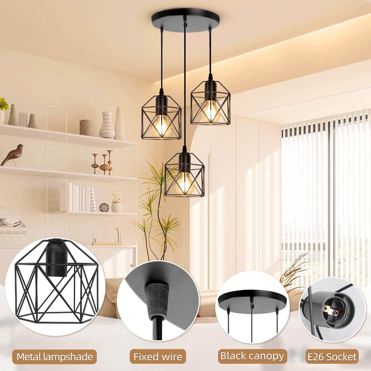 CANMEIJIA 3-Light Pendant Light Fixtures Black Metal Cage Industrial Style