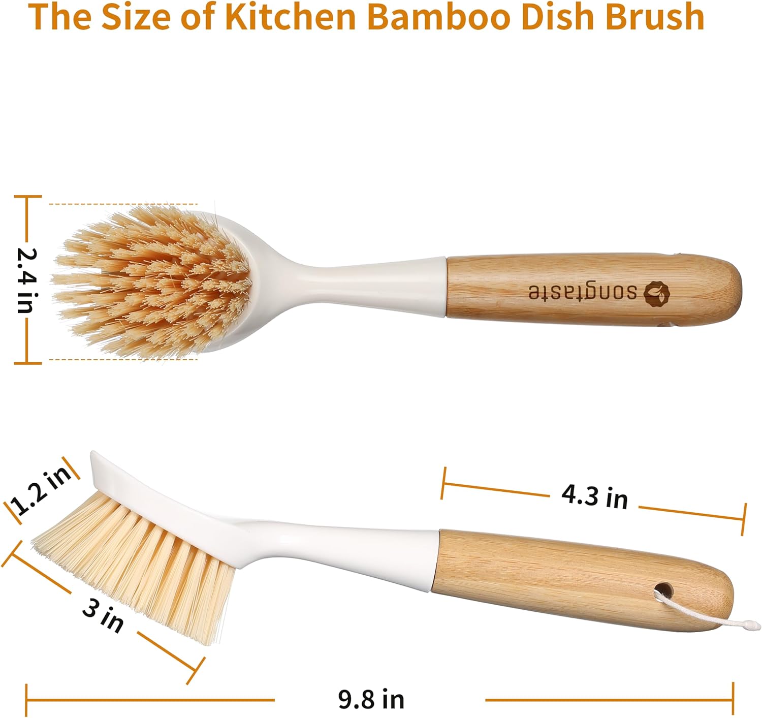 2 Pack Bamboo Handle Dish Brush with Scraper
