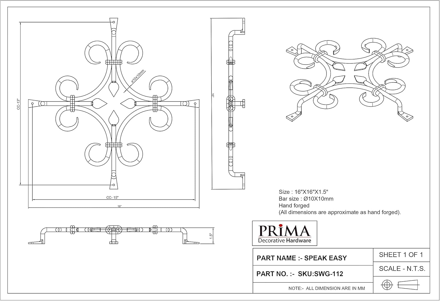 Prima Decorative Hardware Gate Speakeasy Grille - Black Iron 14x12x2
