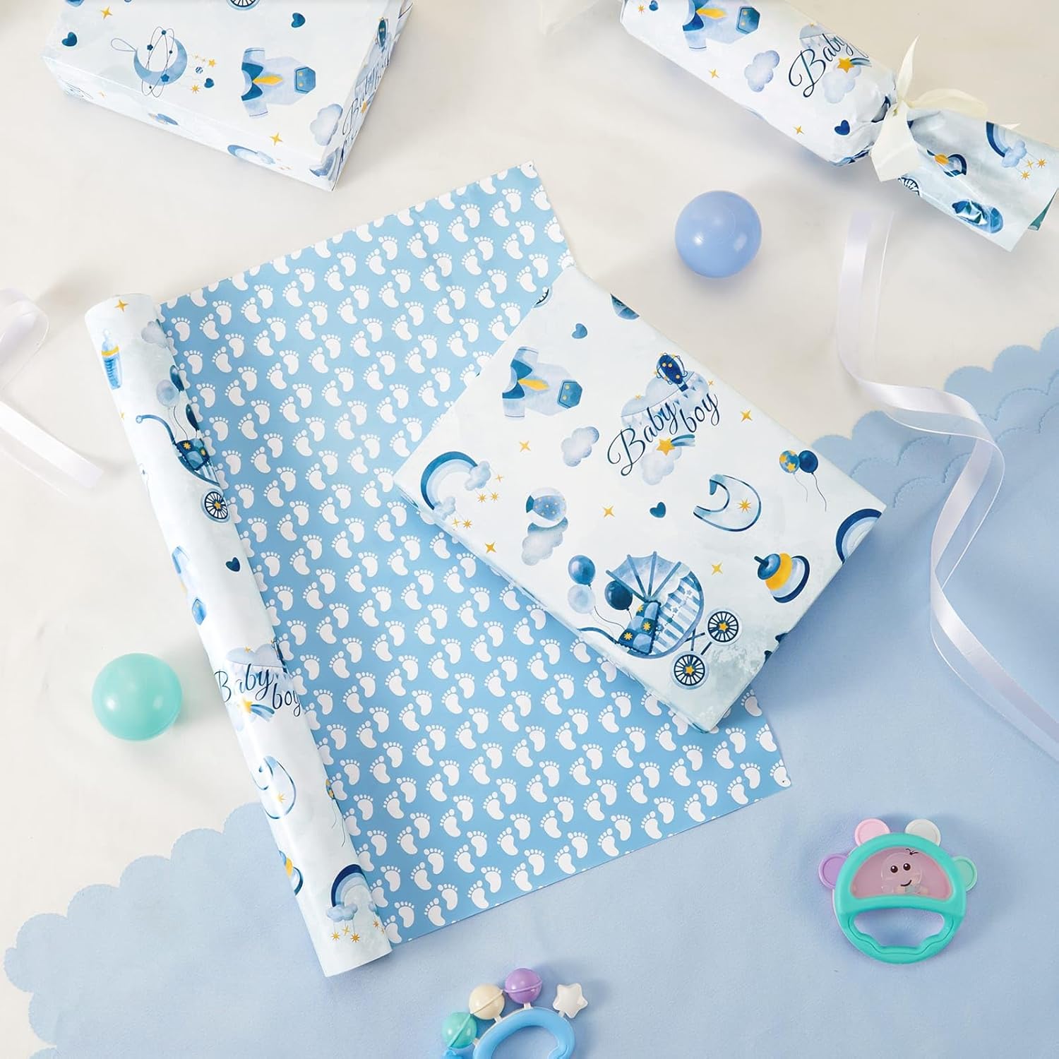 WERNNSAI Baby Boy Wrapping Paper Roll - 17x33ft Blue Elephant Design 1