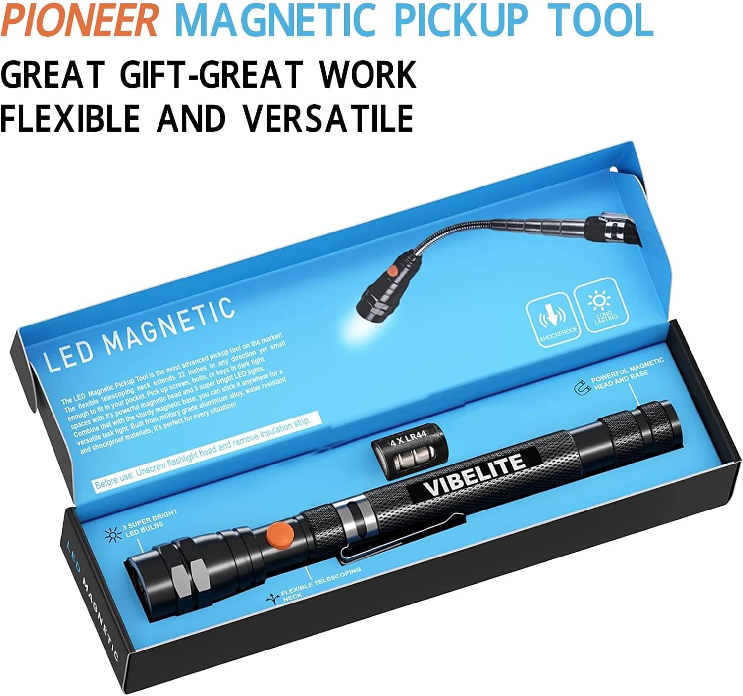 VIBELITE Extendable Magnetic Flashlight - 22 Inches 3 LED Black