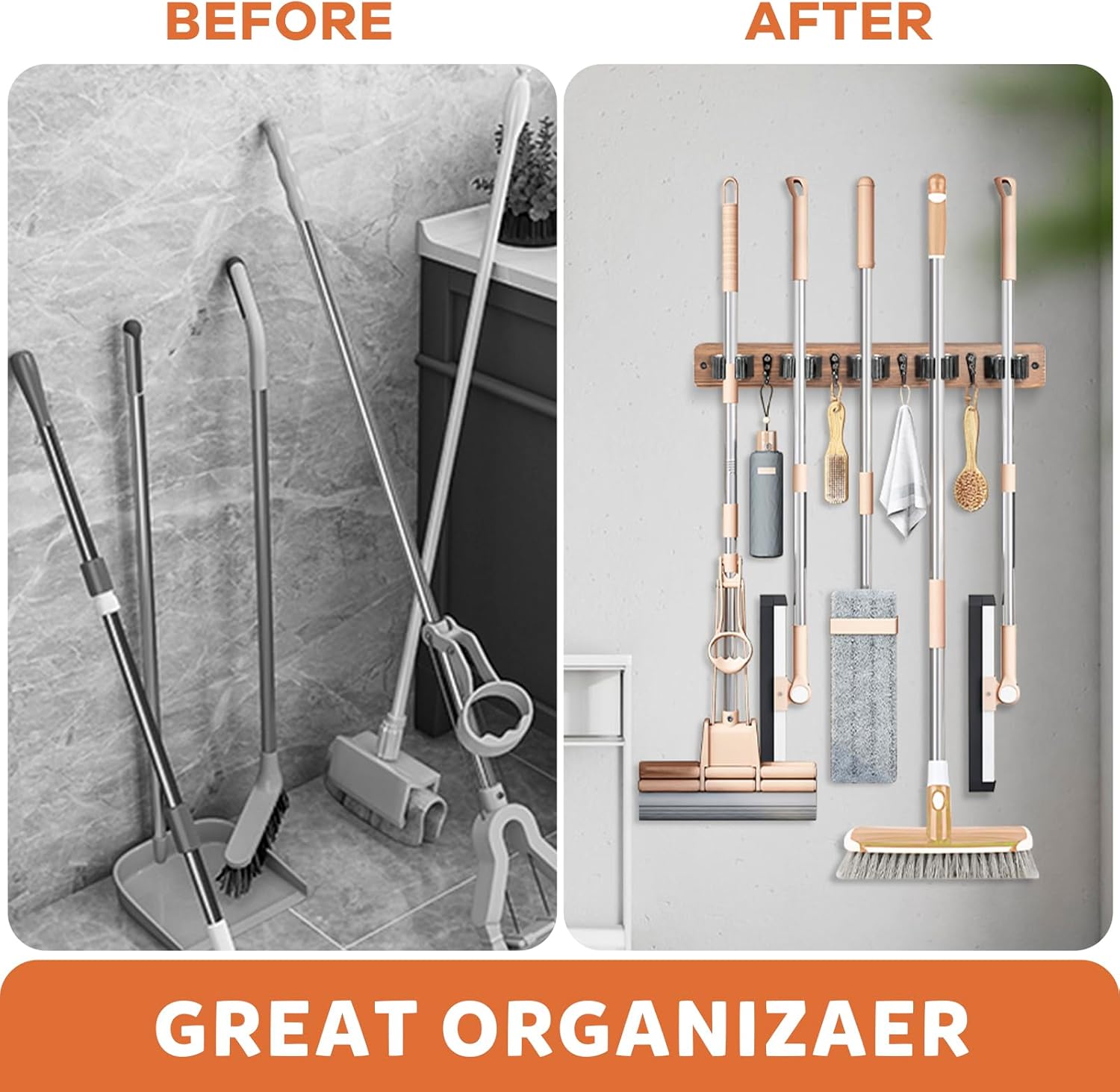 IMILLET Broom Holder Wall Mount with 5 Racks and 4 Hooks