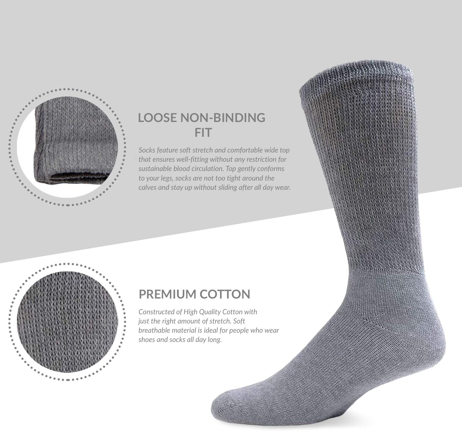 Big and Tall Mens Diabetic Socks - 6 Pairs Black Gray White