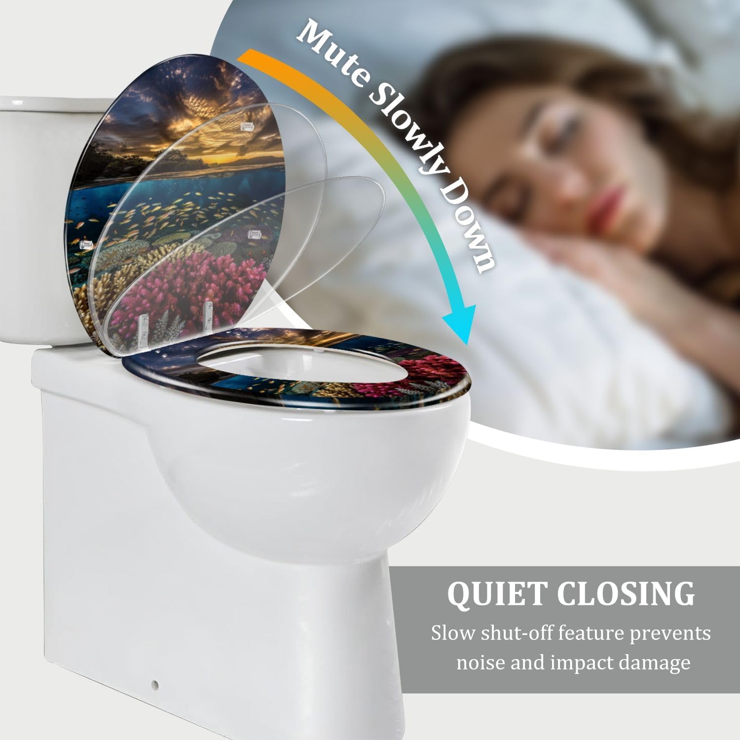 TRANQDEHOM Round Resin Toilet Seat with Golden Sunset Design
