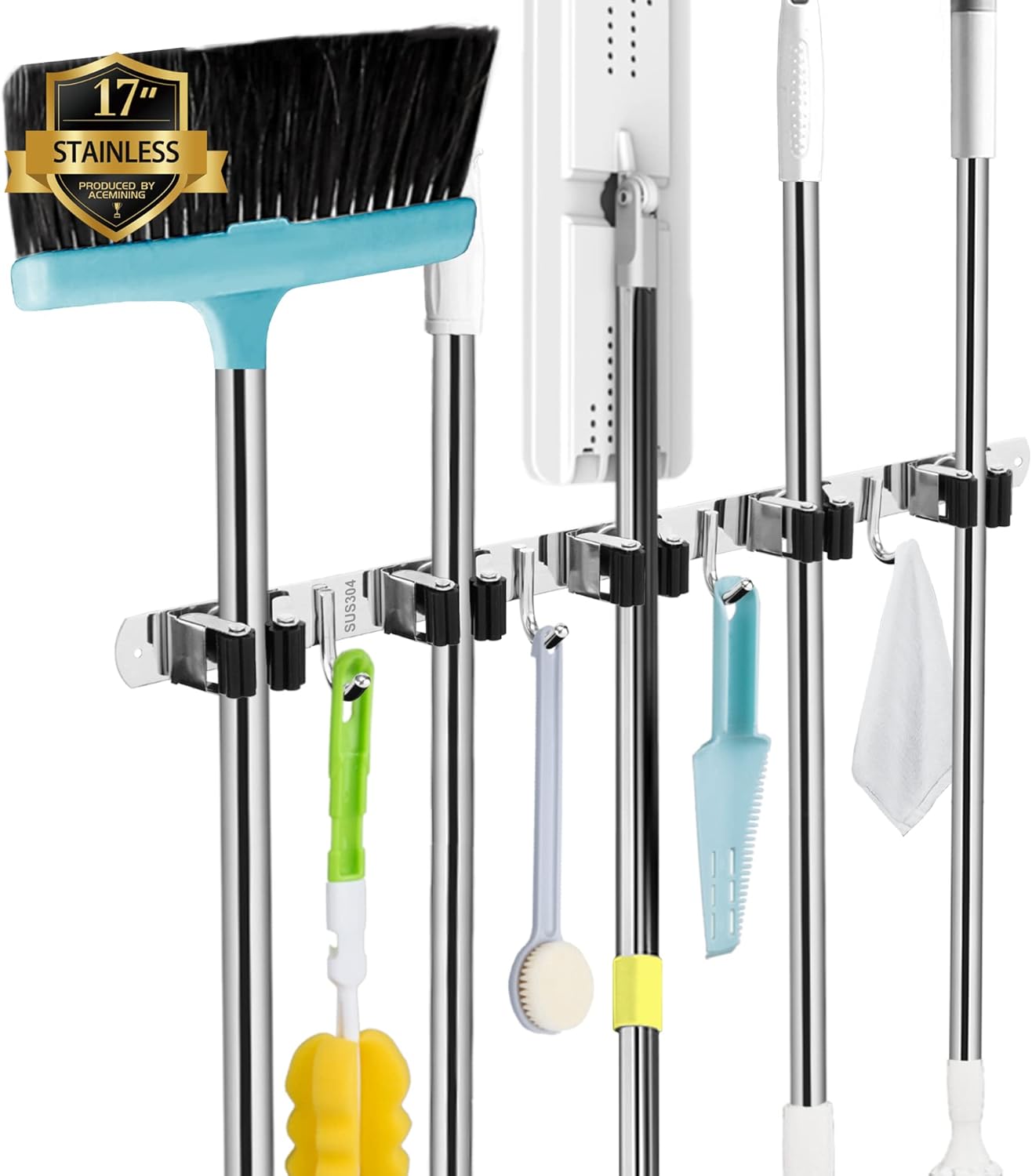AceMining 5 Racks 4 Hooks Wall Mop Broom Holder