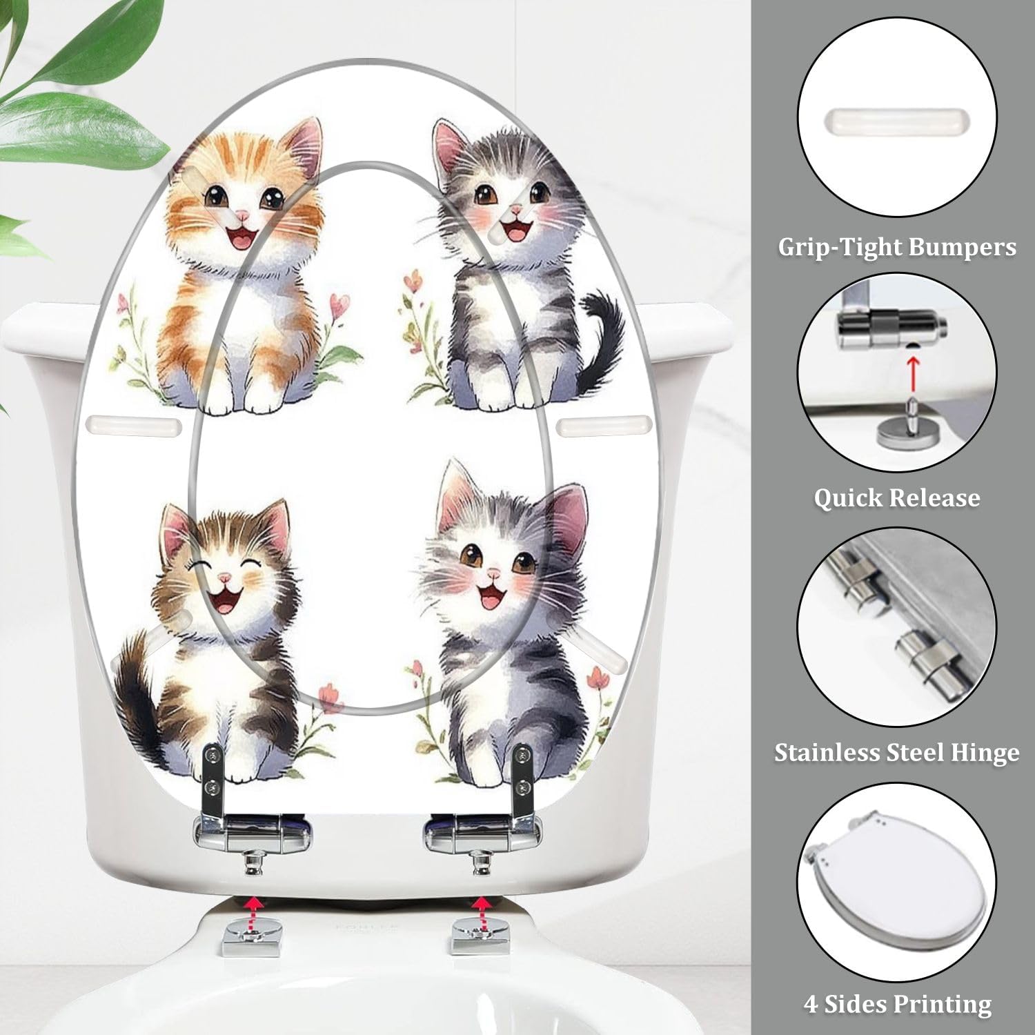 Elongated Toilet Seat with Cute Cat Watercolor Design