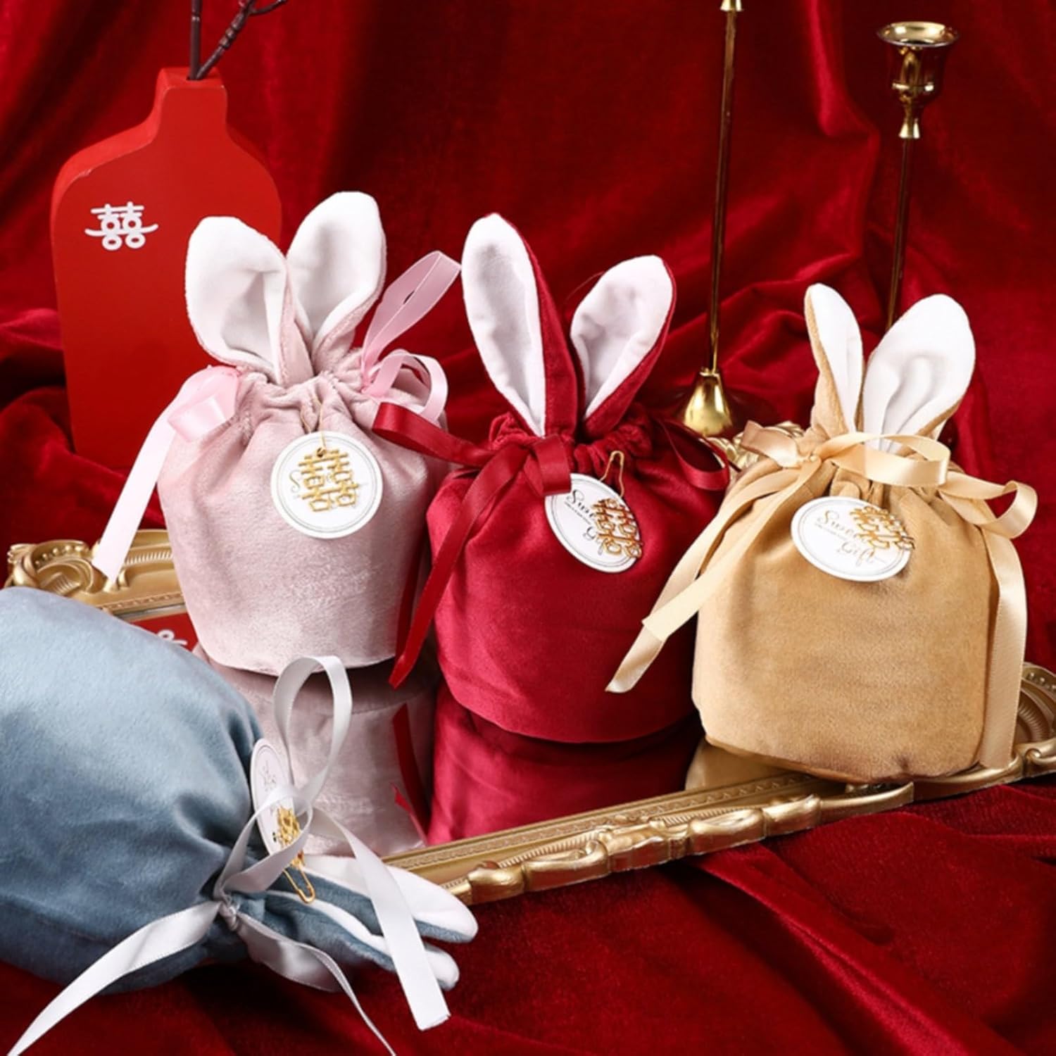 Easter Bunny Gift Velvet Bags with Drawstrings