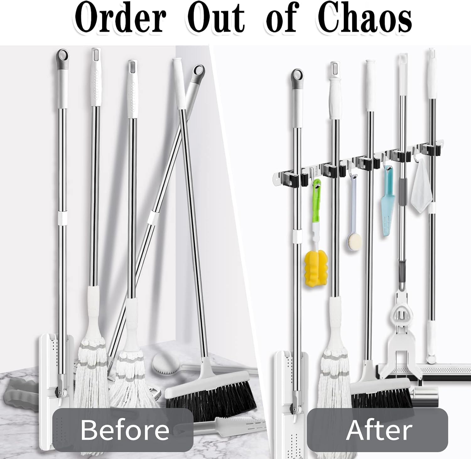 AceMining 5 Racks 4 Hooks Wall Mop Broom Holder