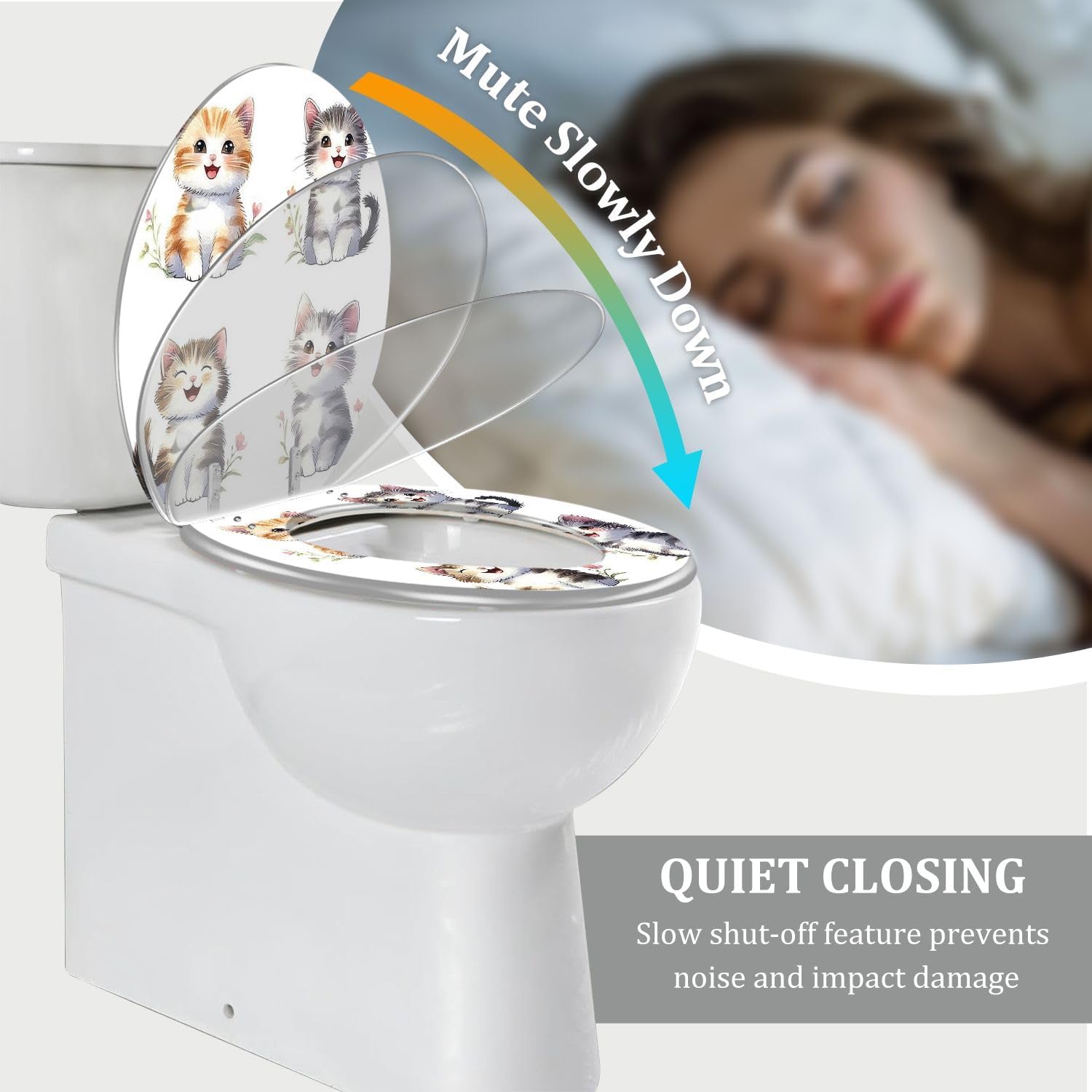 Elongated Toilet Seat with Cute Cat Watercolor Design