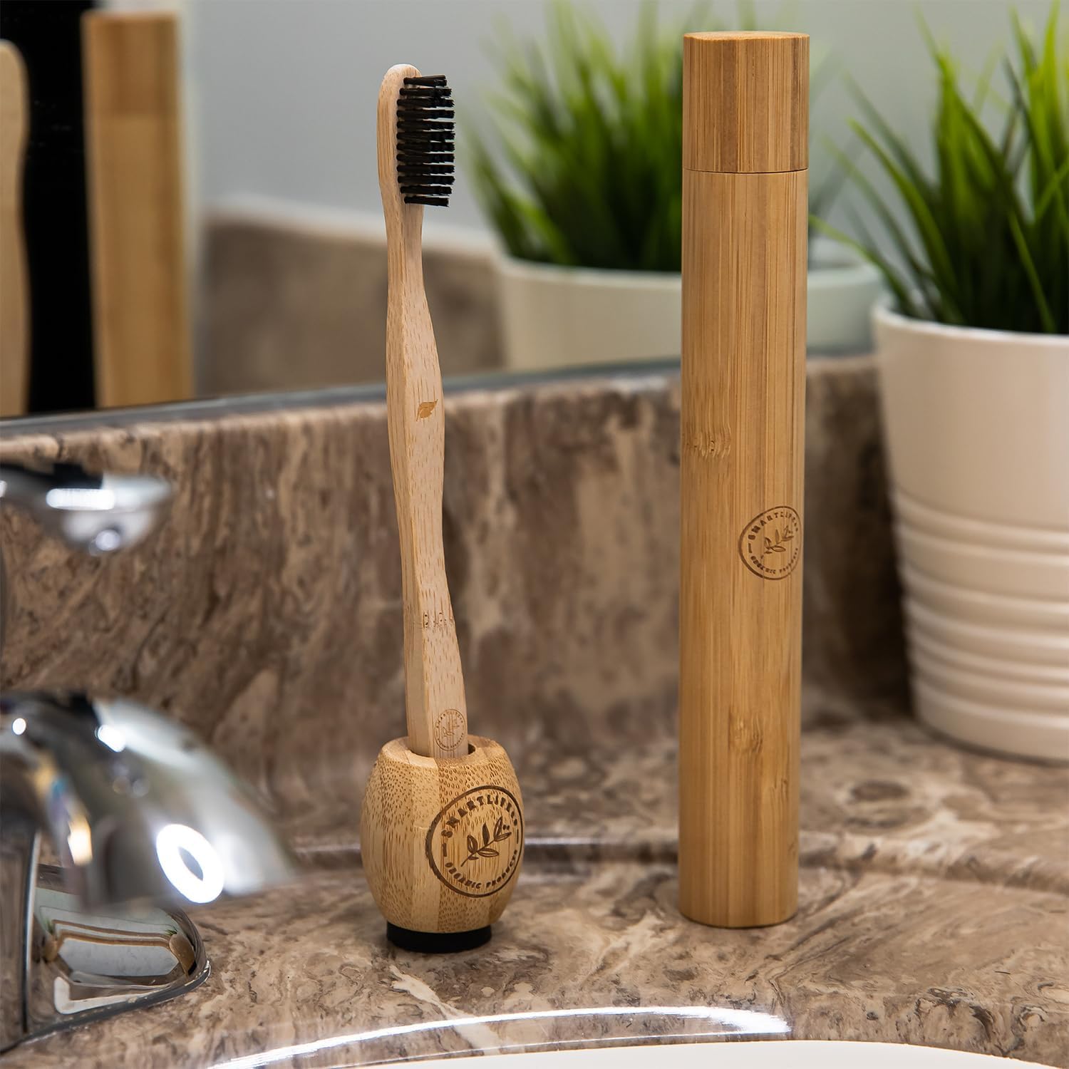 SmartLifeco Bamboo Charcoal Toothbrushes 4-Pack with Case Stand