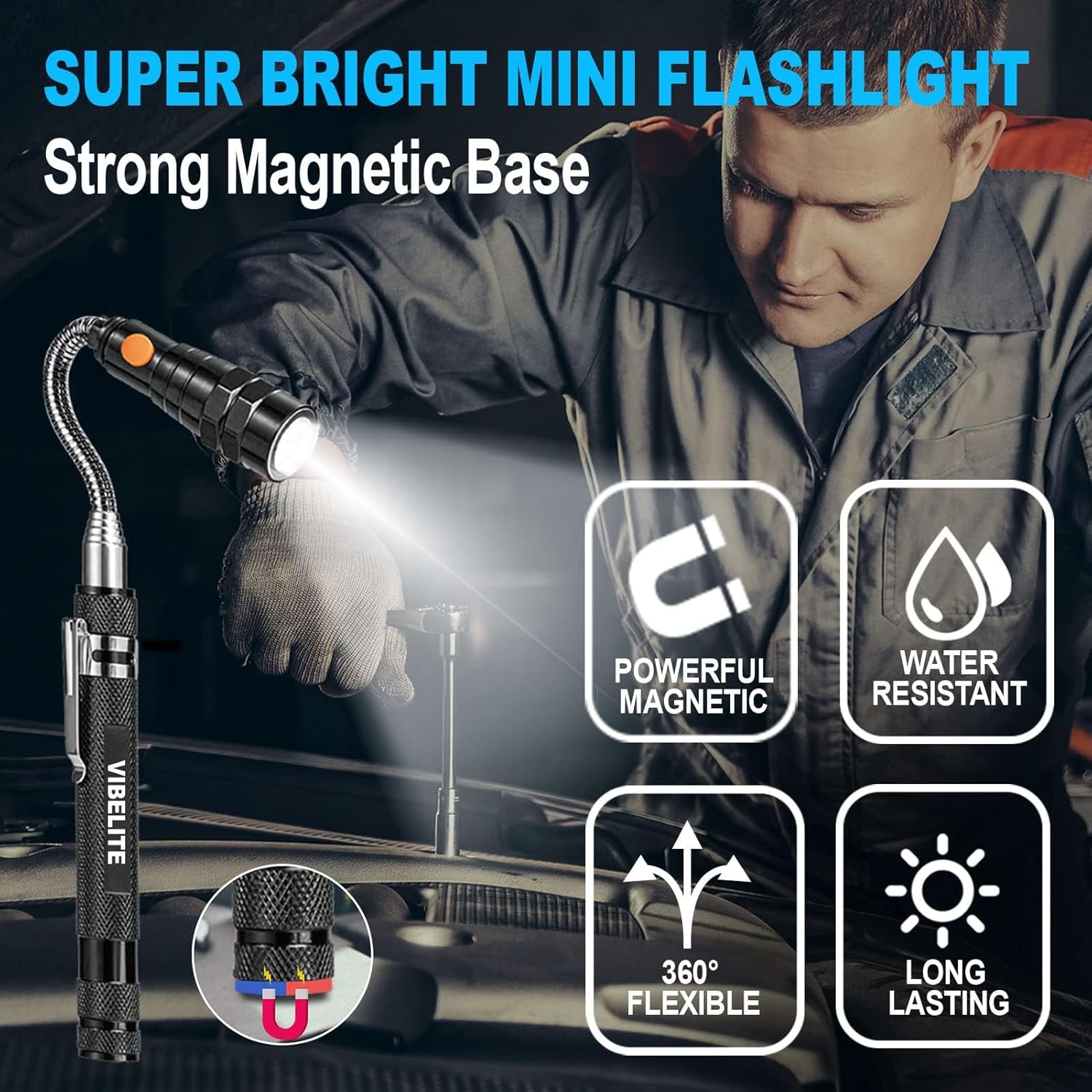 VIBELITE Extendable Magnetic Flashlight - 22 Inches 3 LED Black