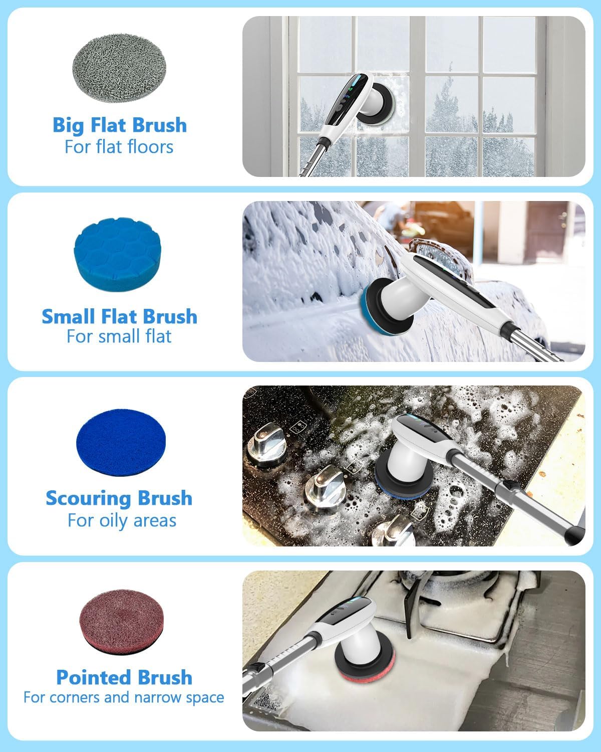 VTT Electric Bathroom Scrubber with 8 Brush Heads and Detachable Handle