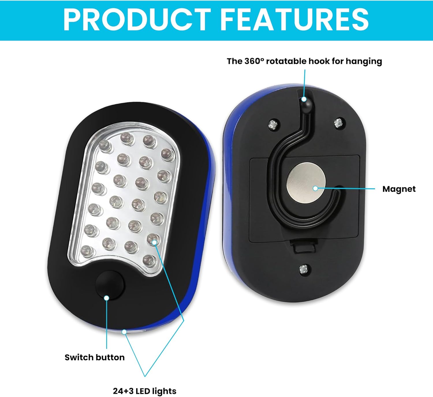 AlltroLite 3-Pack LED Work Light - Portable Magnetic with Rotatable Hook