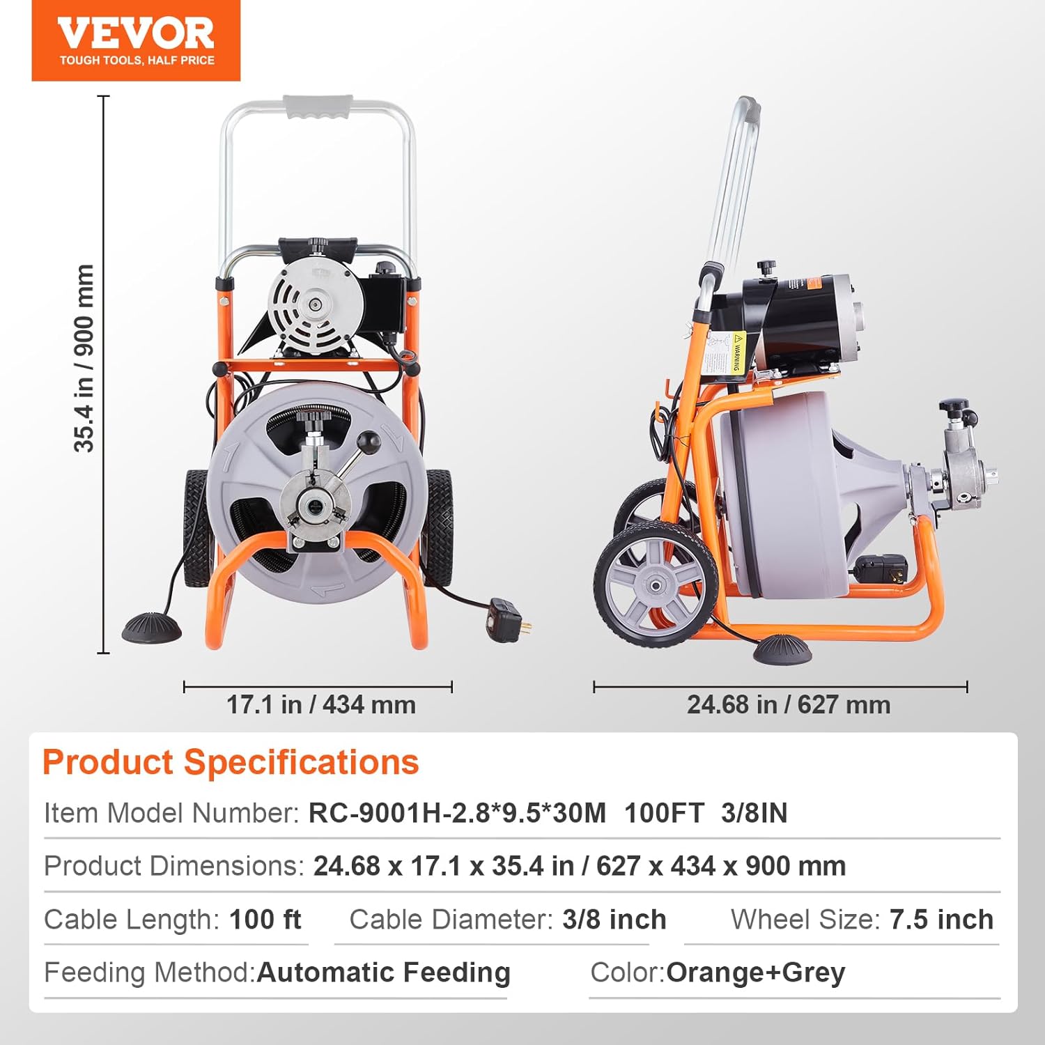 VEVOR 100FT Electric Pipe Cleaning Machine with 38 Steel Cable