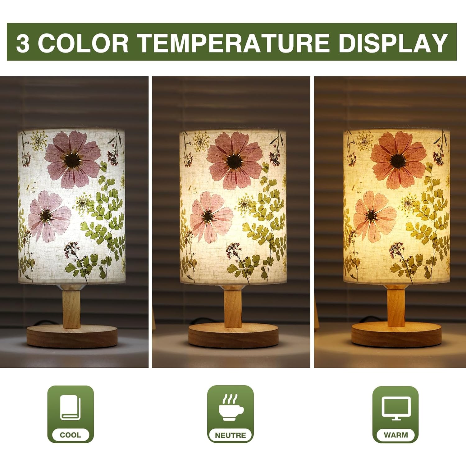 Dried Flowers Table Lamp with Wood Base and Linen Shade