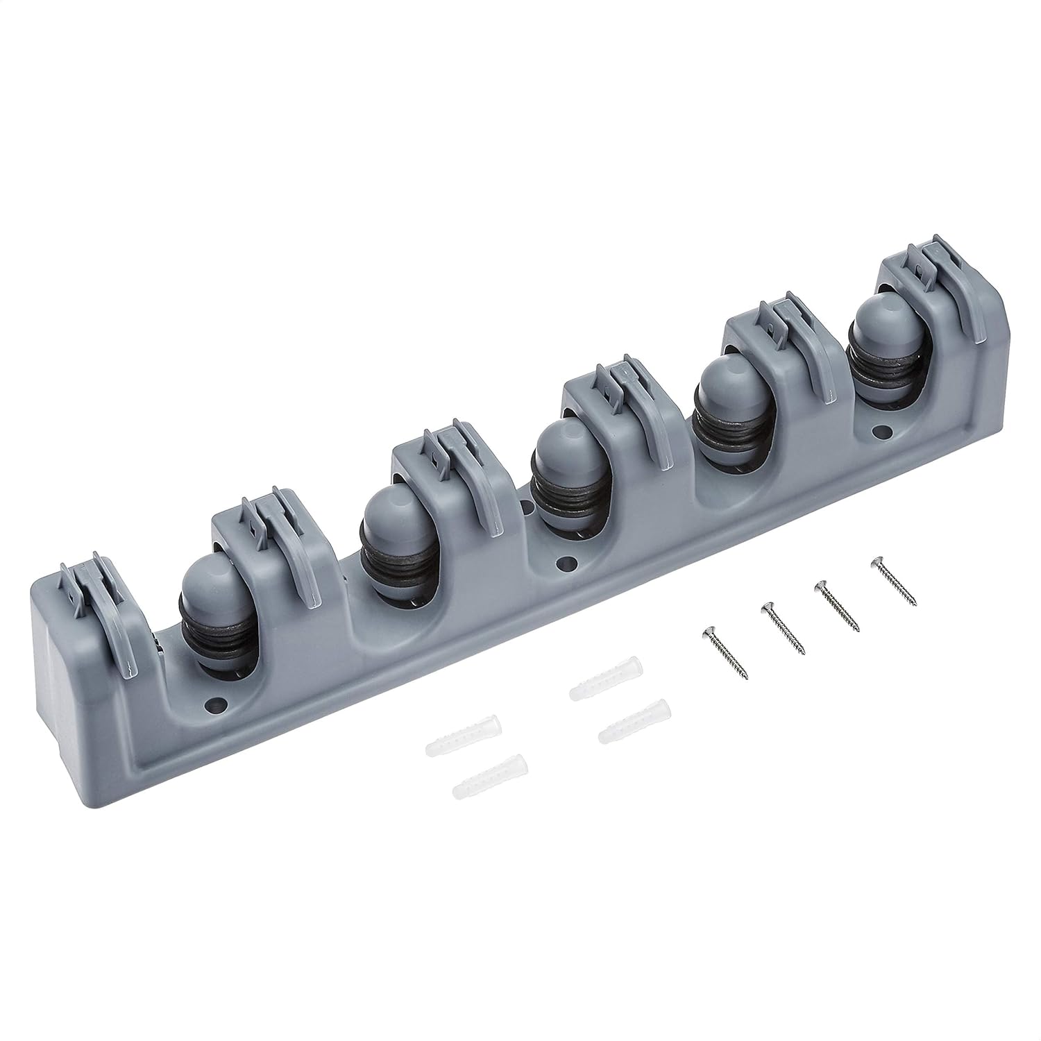 Amazon Basics Wall Mount Broom Holder with Hooks and Slots Gray