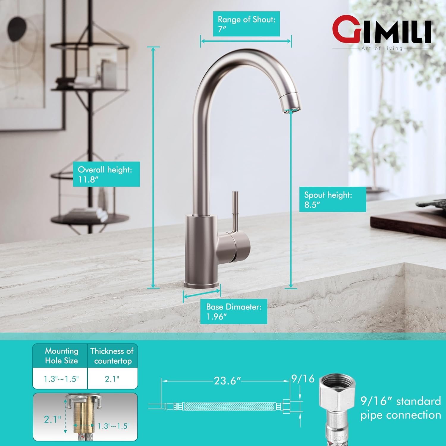 GIMILI Bar Sink Faucet Single Hole Brushed Nickel