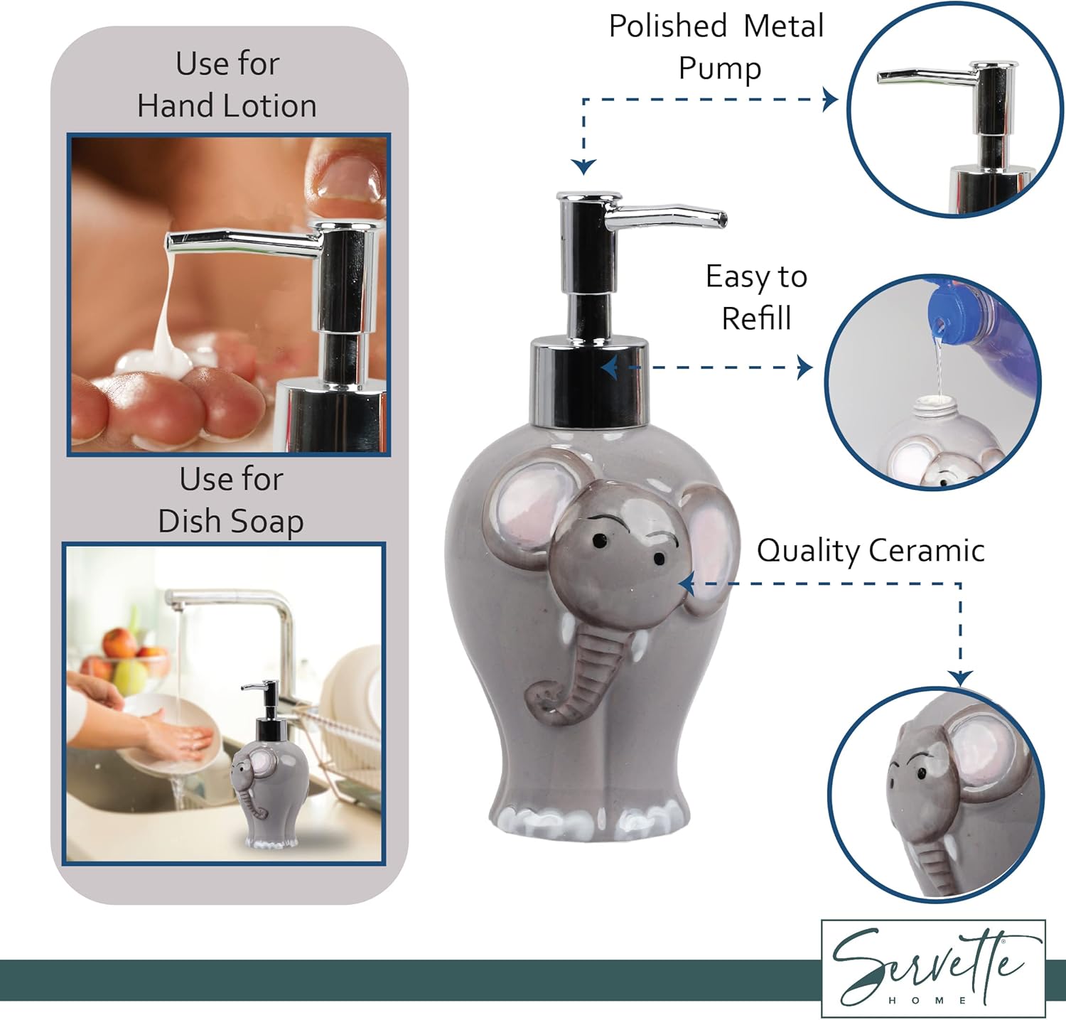 Elephant Soap Dispenser with Pump - Grey Ceramic