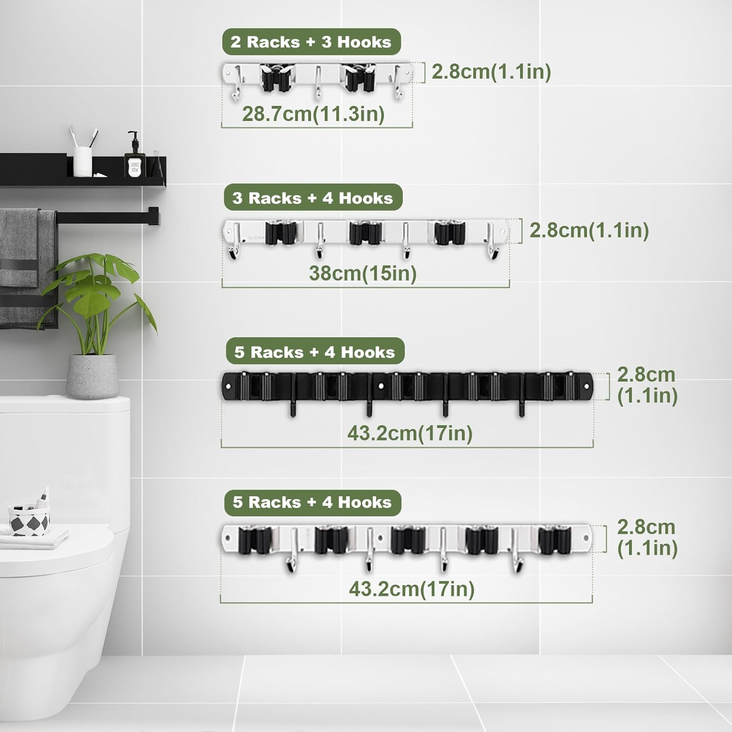 AceMining 5 Racks 4 Hooks Wall Mop Broom Holder