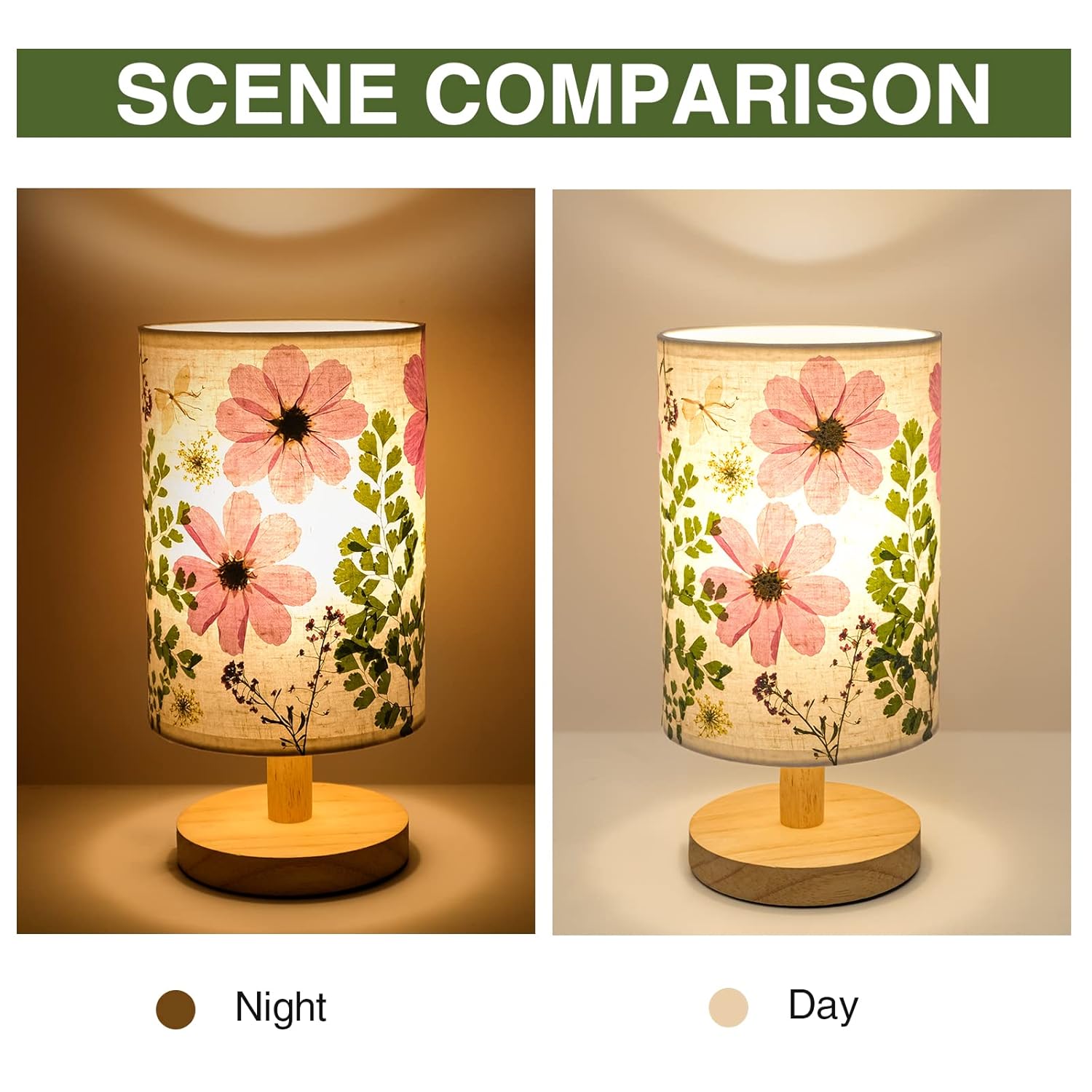 Dried Flowers Table Lamp with Wood Base and Linen Shade
