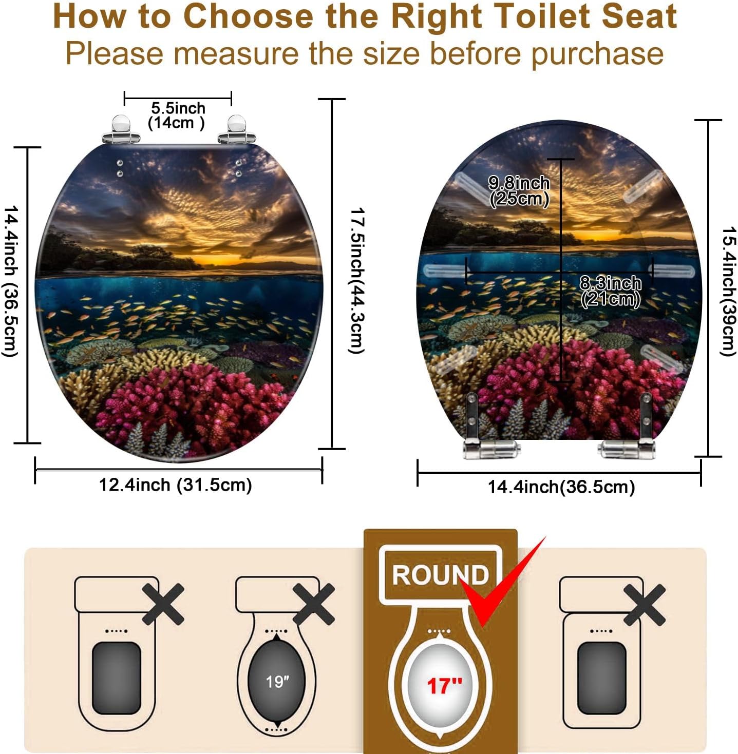 TRANQDEHOM Round Resin Toilet Seat with Golden Sunset Design